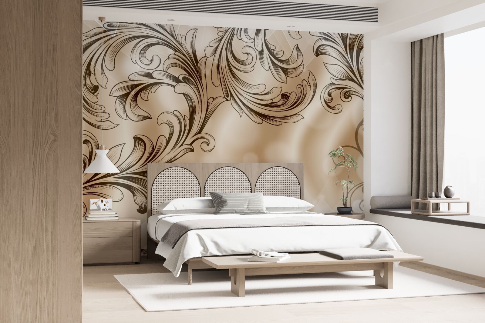 Фотошпалери рослини з ажурним візерунком на коричневому тлі