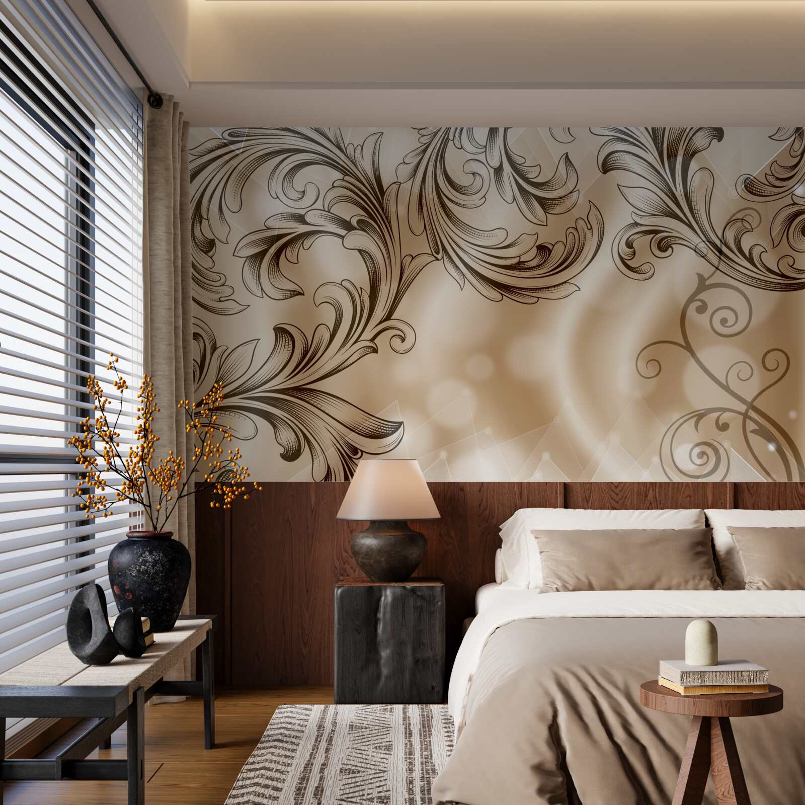 Фотошпалери рослини з ажурним візерунком на коричневому тлі