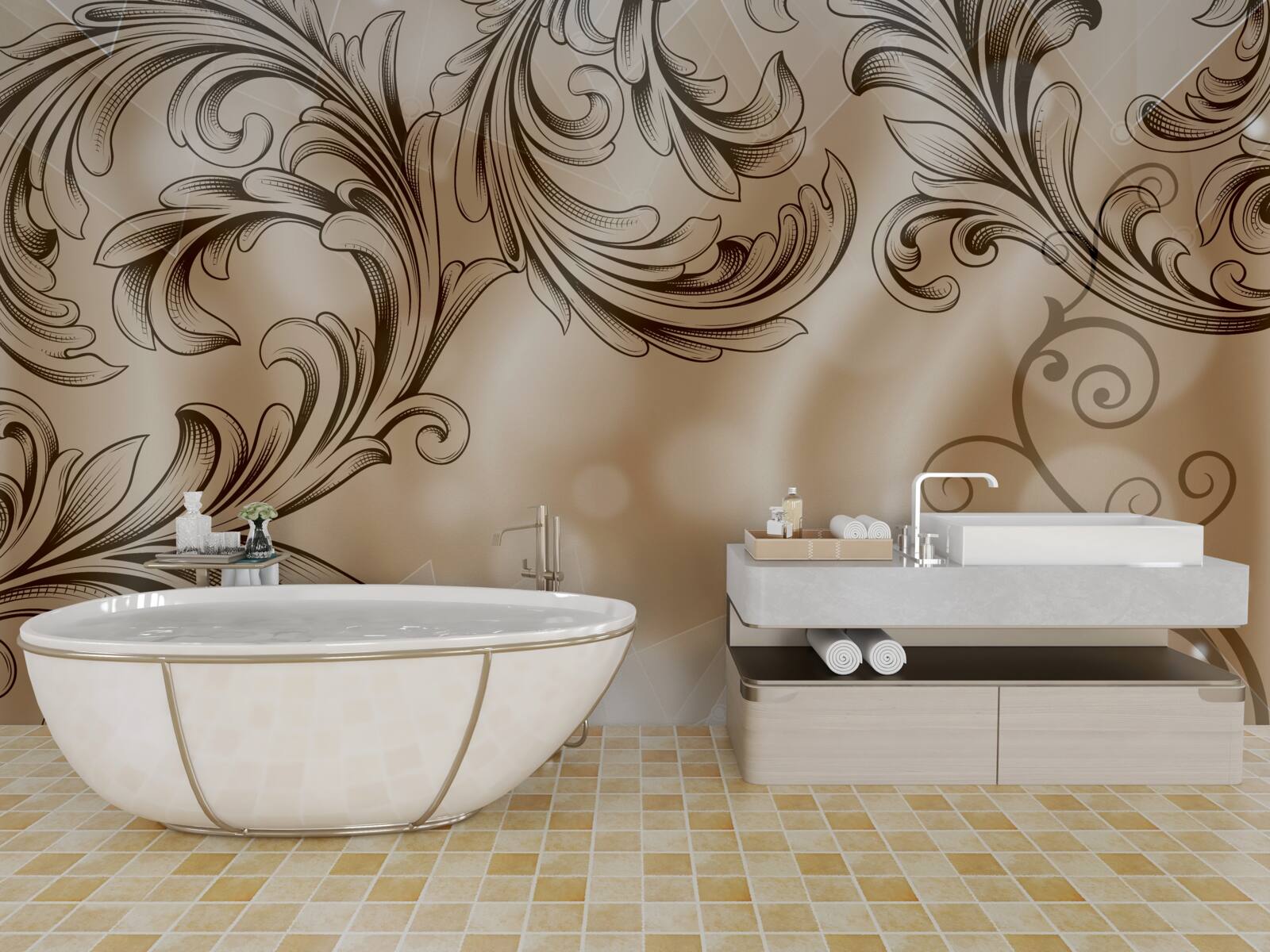 Фотошпалери рослини з ажурним візерунком на коричневому тлі