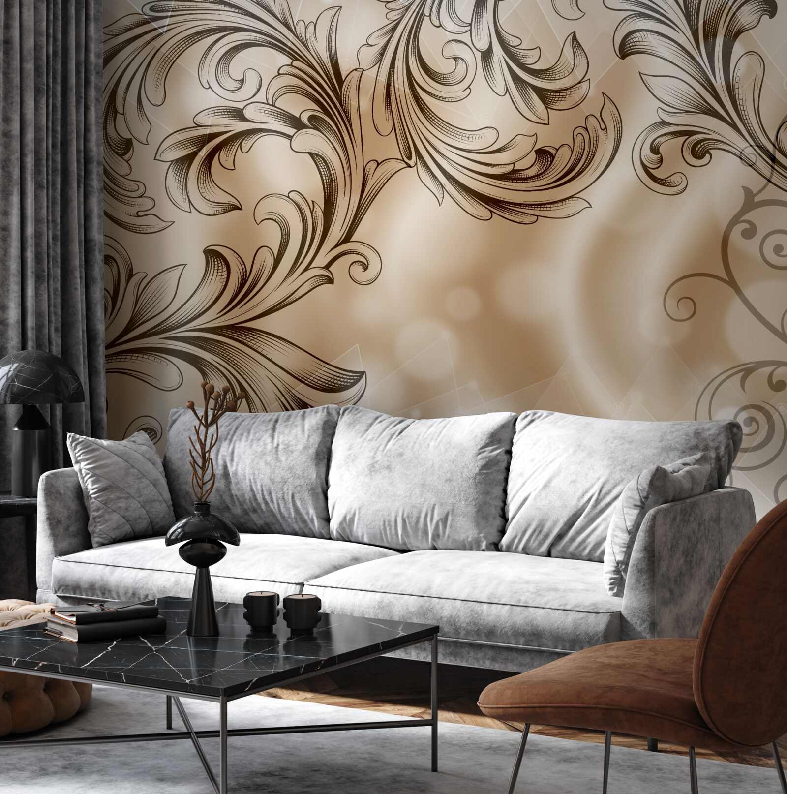 Фотошпалери рослини з ажурним візерунком на коричневому тлі