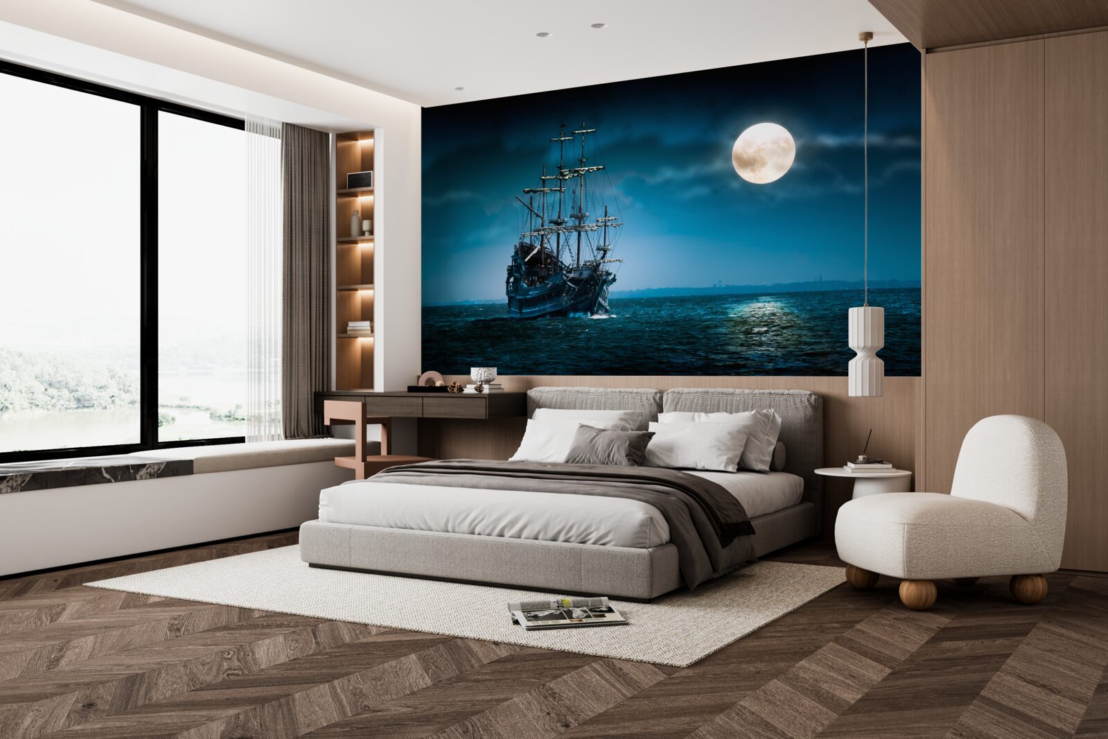 Фотошпалери стародавній корабель у місячному сяйві