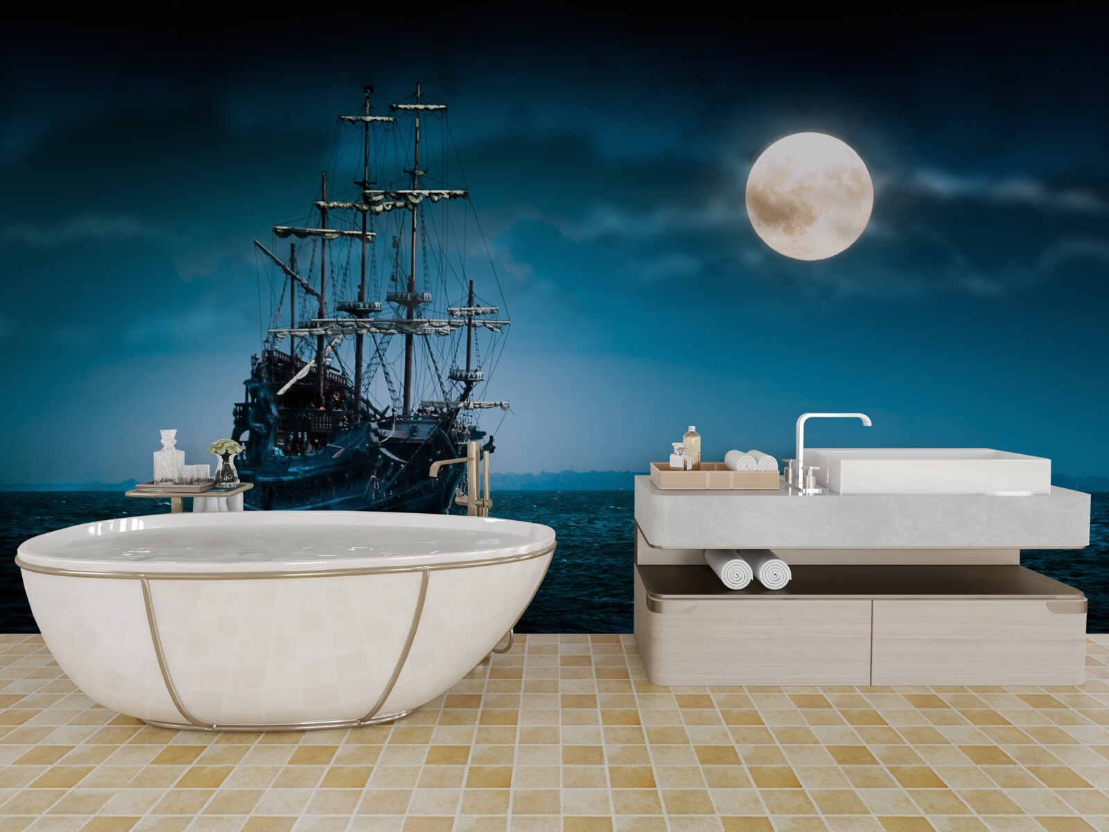Фотошпалери стародавній корабель у місячному сяйві