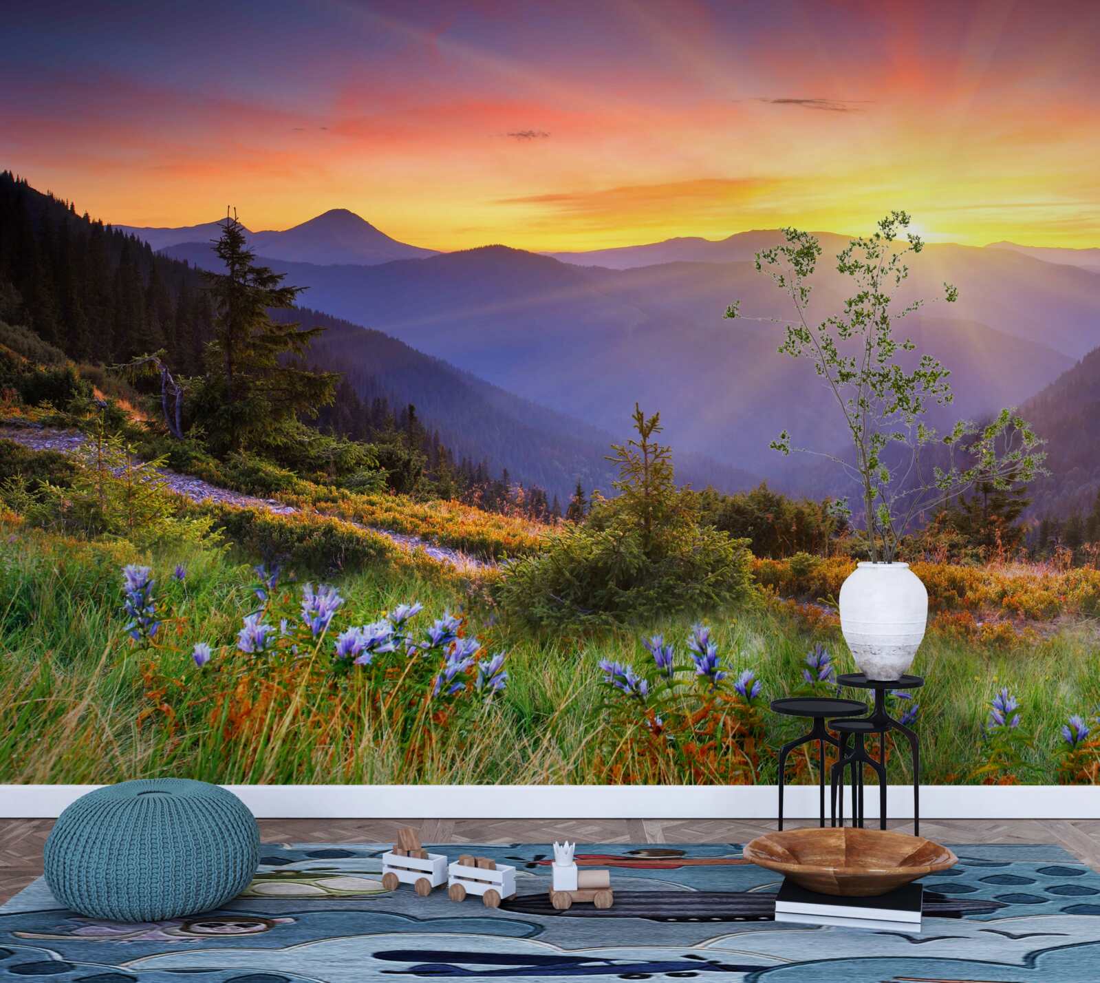 Фотошпалери сонце сідає над альпійським лугом