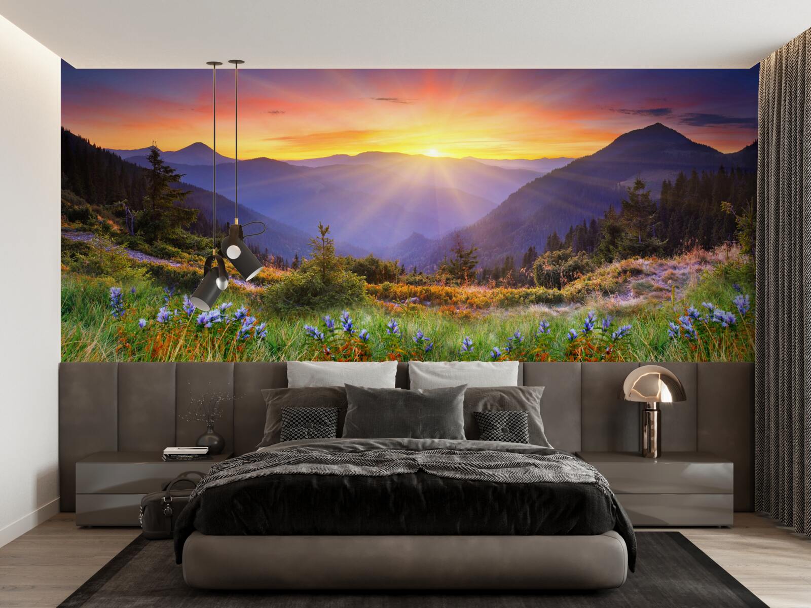 Фотошпалери сонце сідає над альпійським лугом