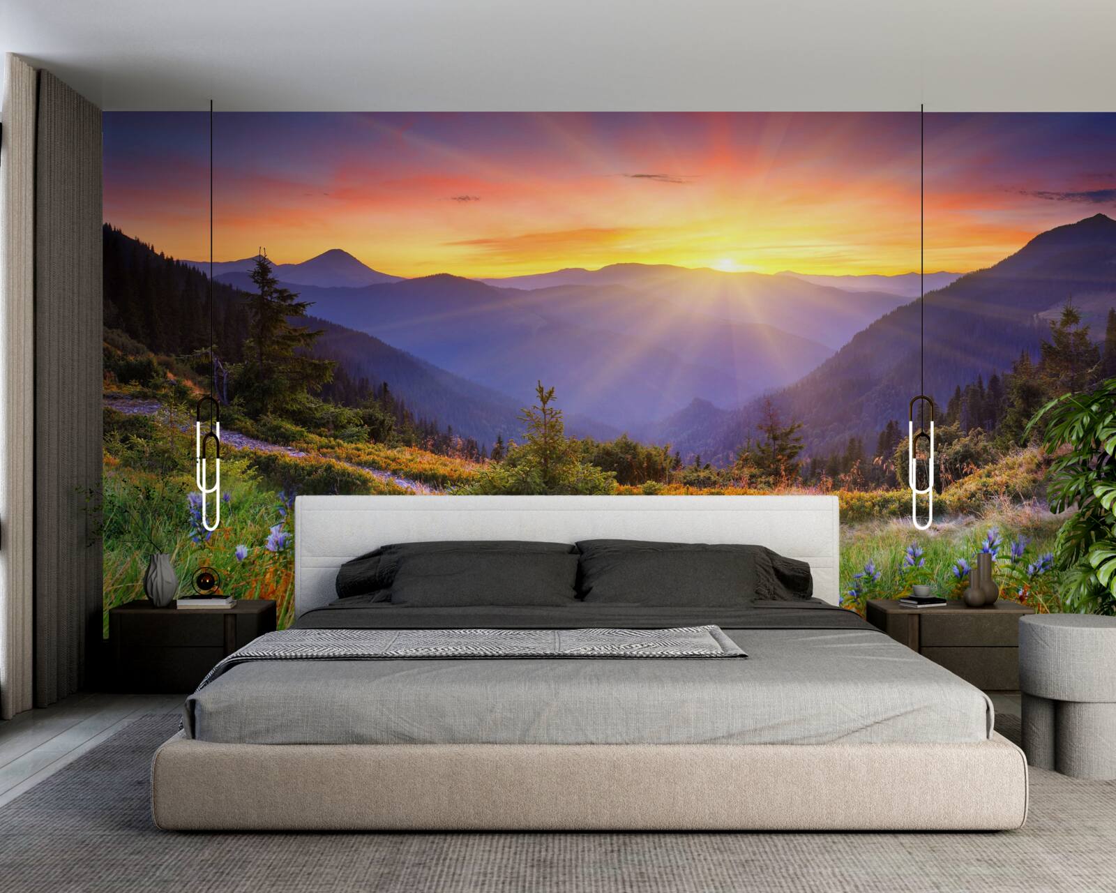 Фотошпалери сонце сідає над альпійським лугом