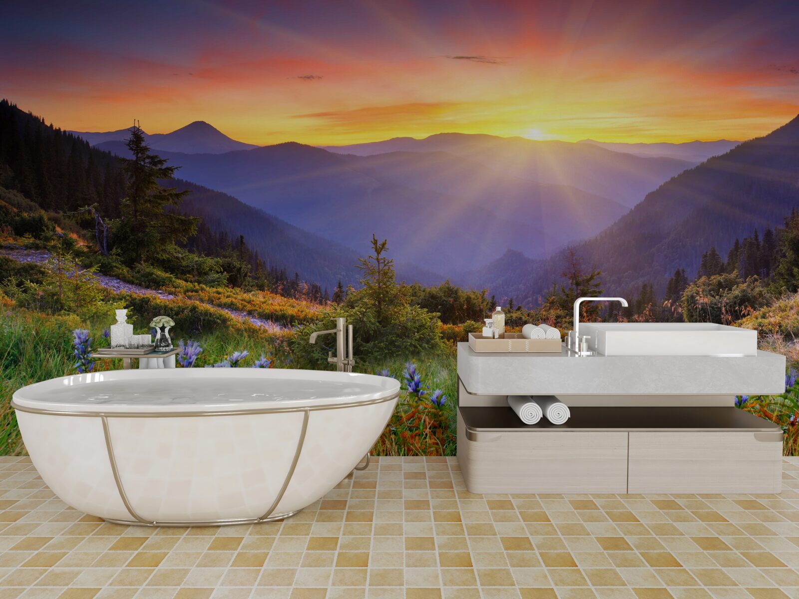 Фотошпалери сонце сідає над альпійським лугом