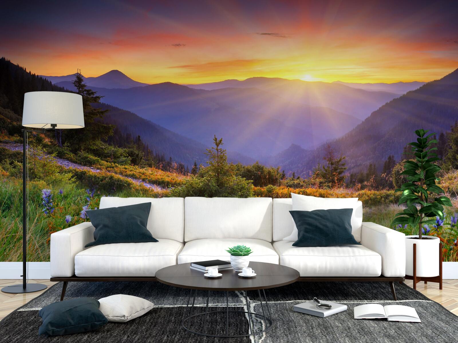 Фотошпалери сонце сідає над альпійським лугом