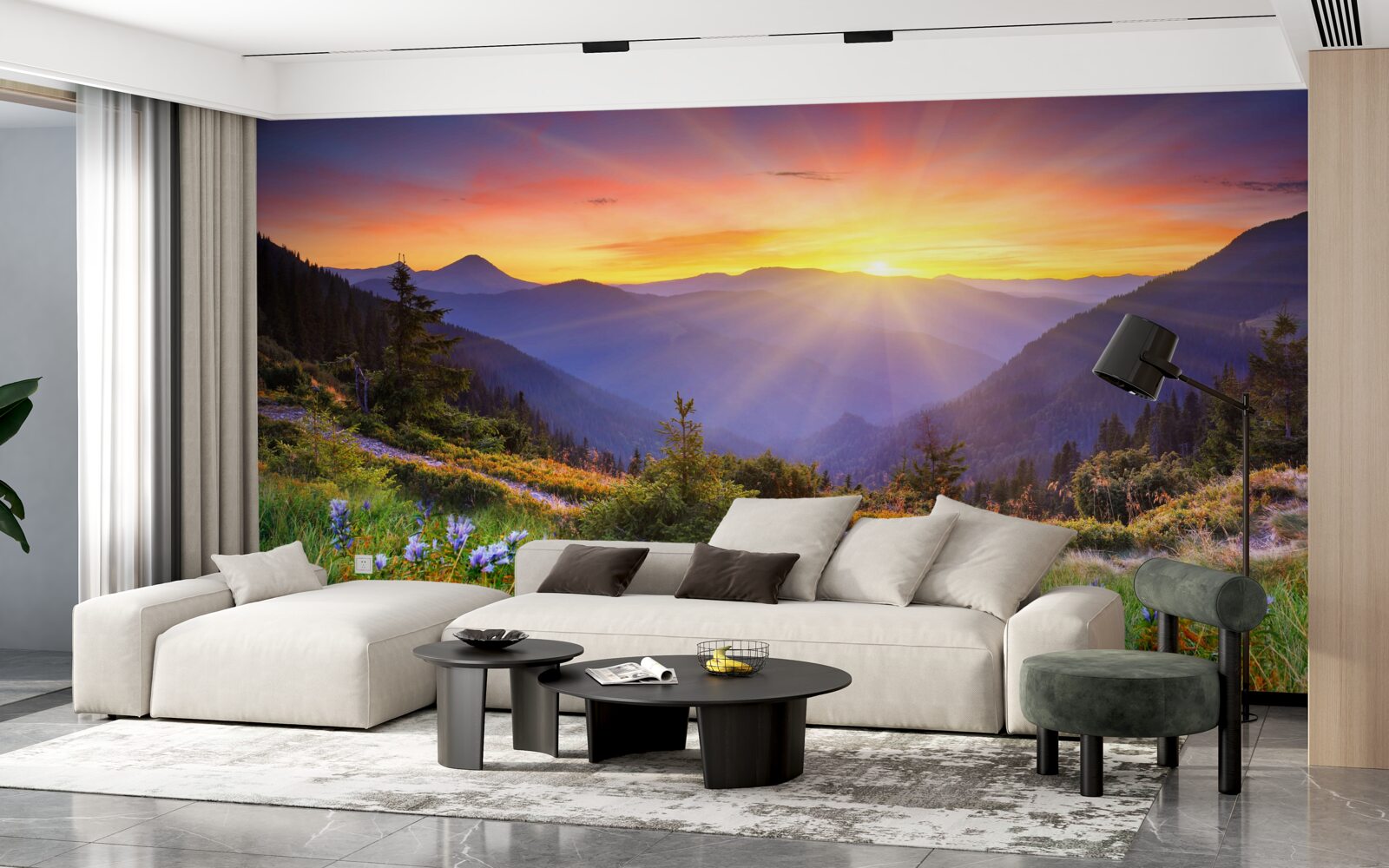 Фотошпалери сонце сідає над альпійським лугом