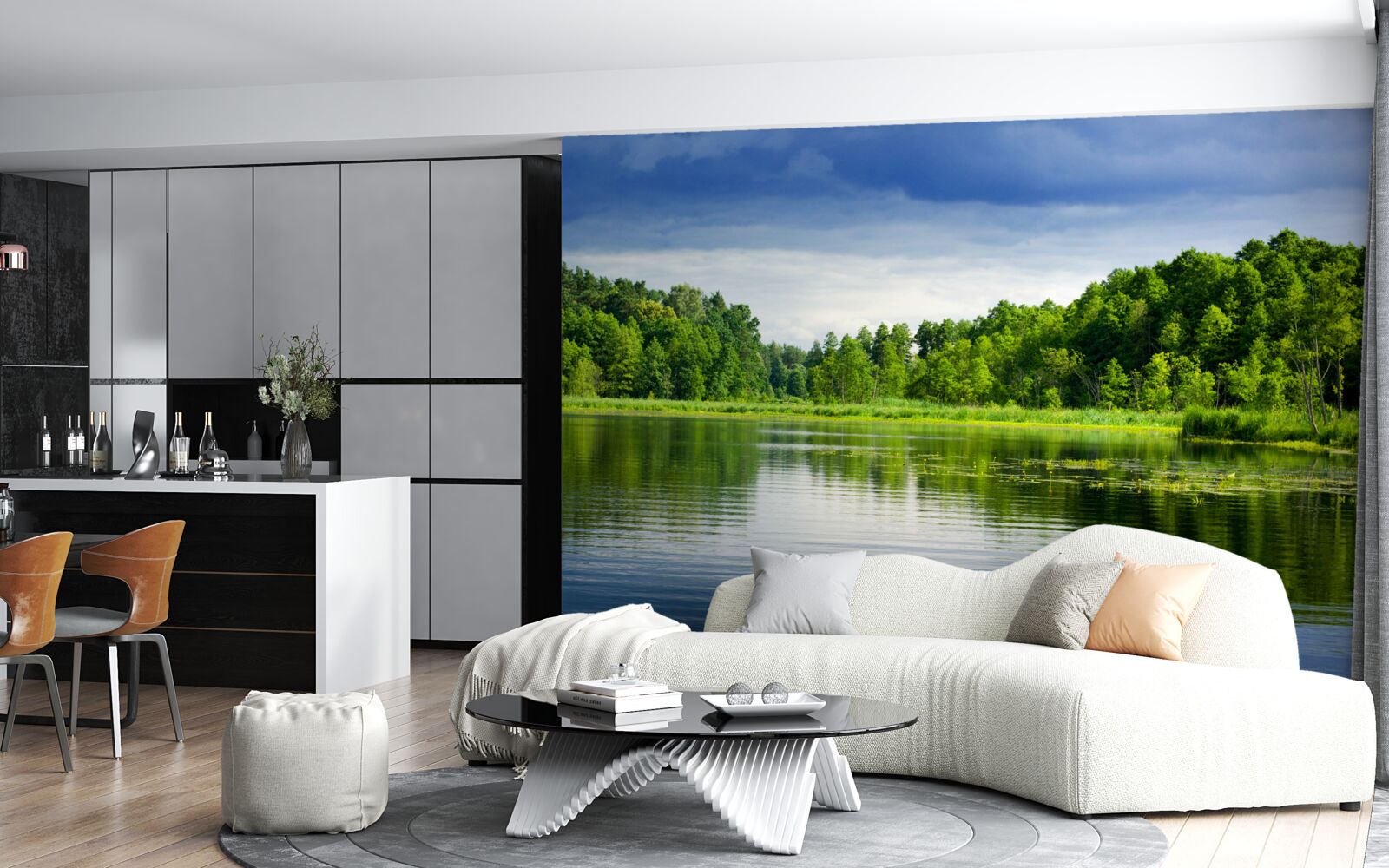 Фотошпалери пишний смарагдовий ліс біля спокійної водойми