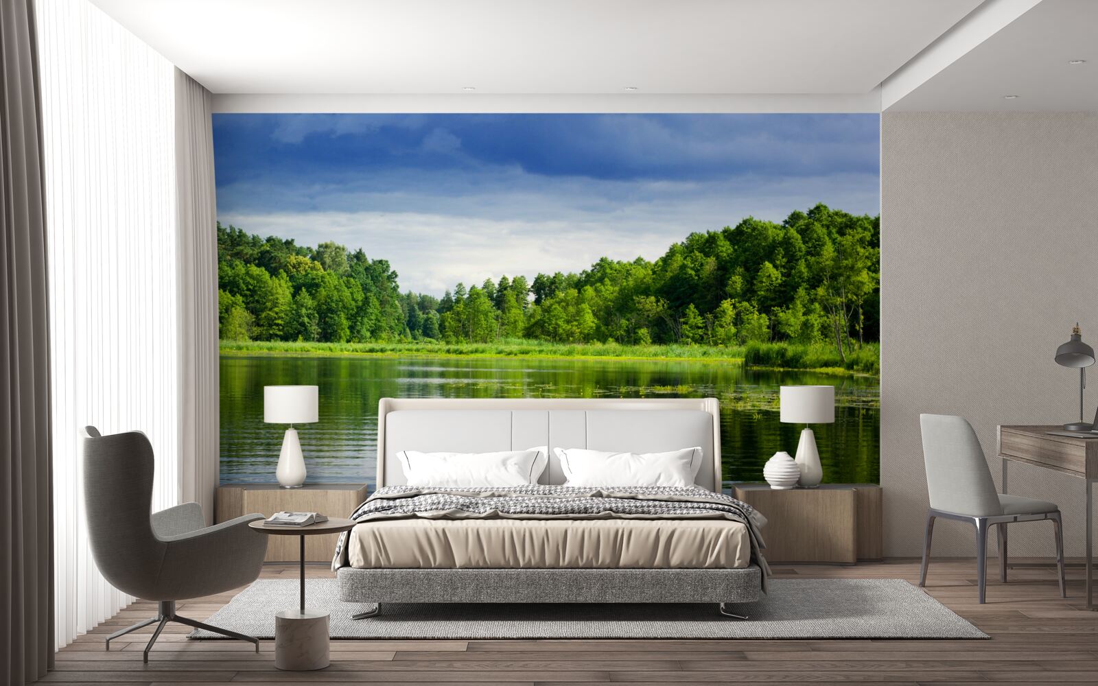 Фотошпалери пишний смарагдовий ліс біля спокійної водойми