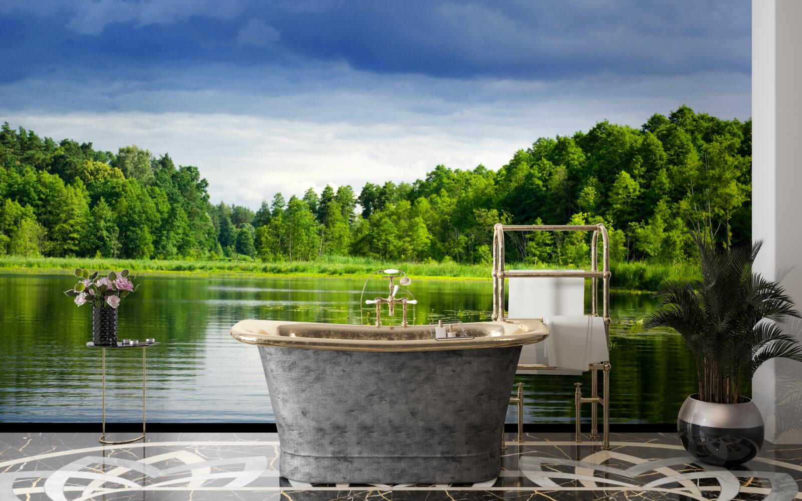 Фотошпалери пишний смарагдовий ліс біля спокійної водойми