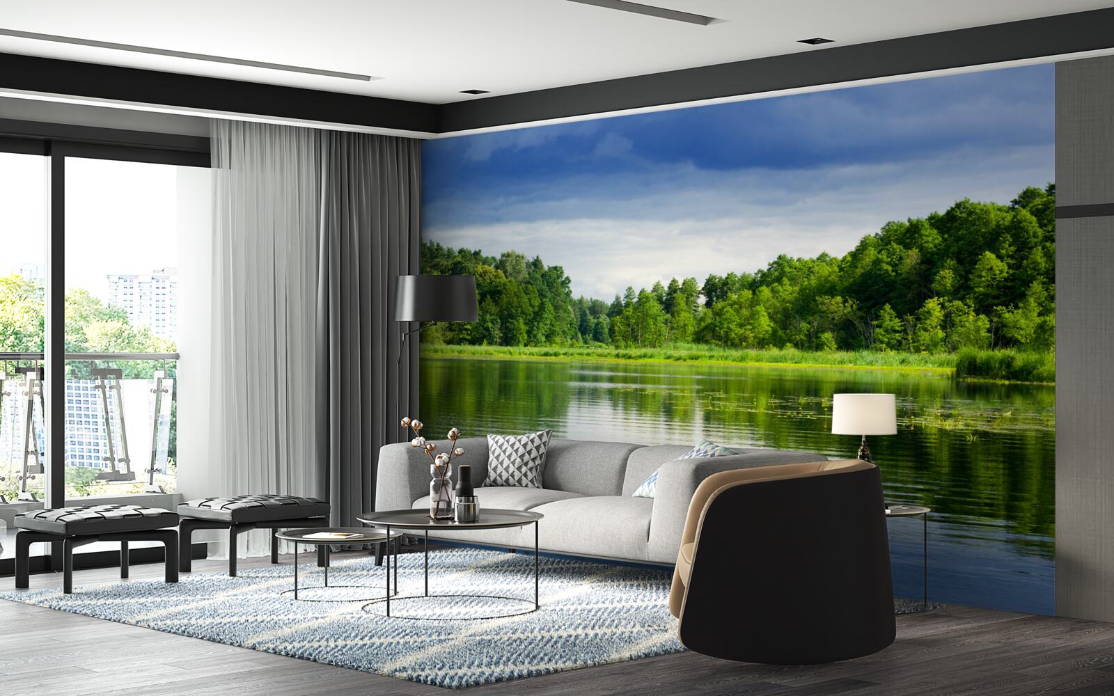 Фотошпалери пишний смарагдовий ліс біля спокійної водойми