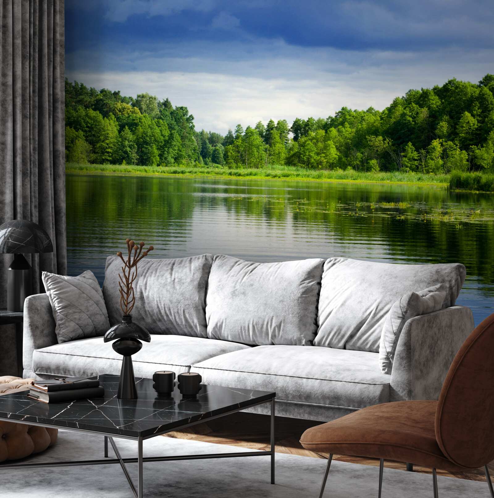 Фотошпалери пишний смарагдовий ліс біля спокійної водойми