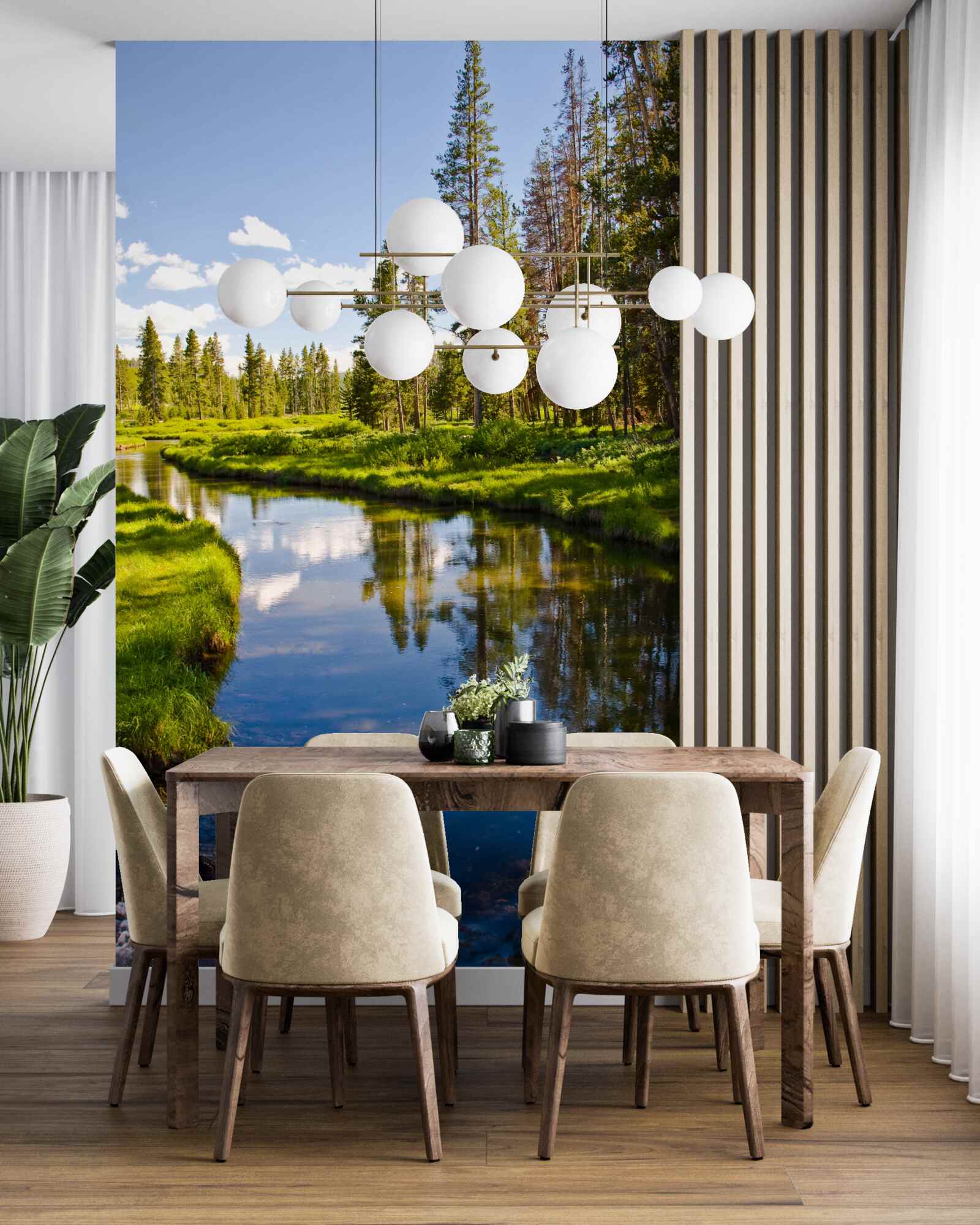 Фотошпалери лісовий струмок серед хвойних дерев влітку