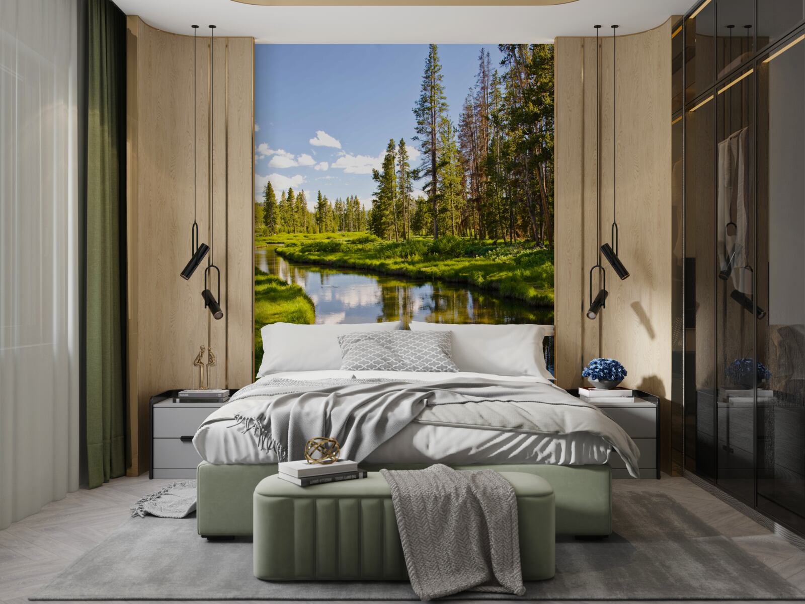 Фотошпалери лісовий струмок серед хвойних дерев влітку