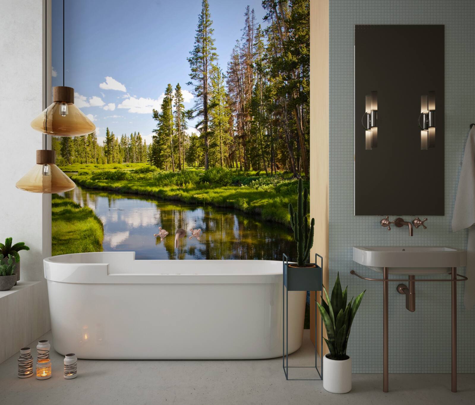 Фотошпалери лісовий струмок серед хвойних дерев влітку