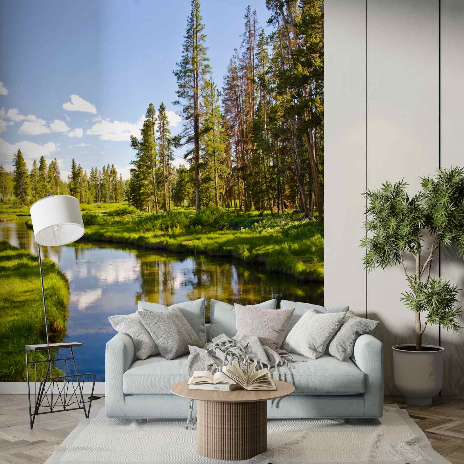 Фотошпалери лісовий струмок серед хвойних дерев влітку