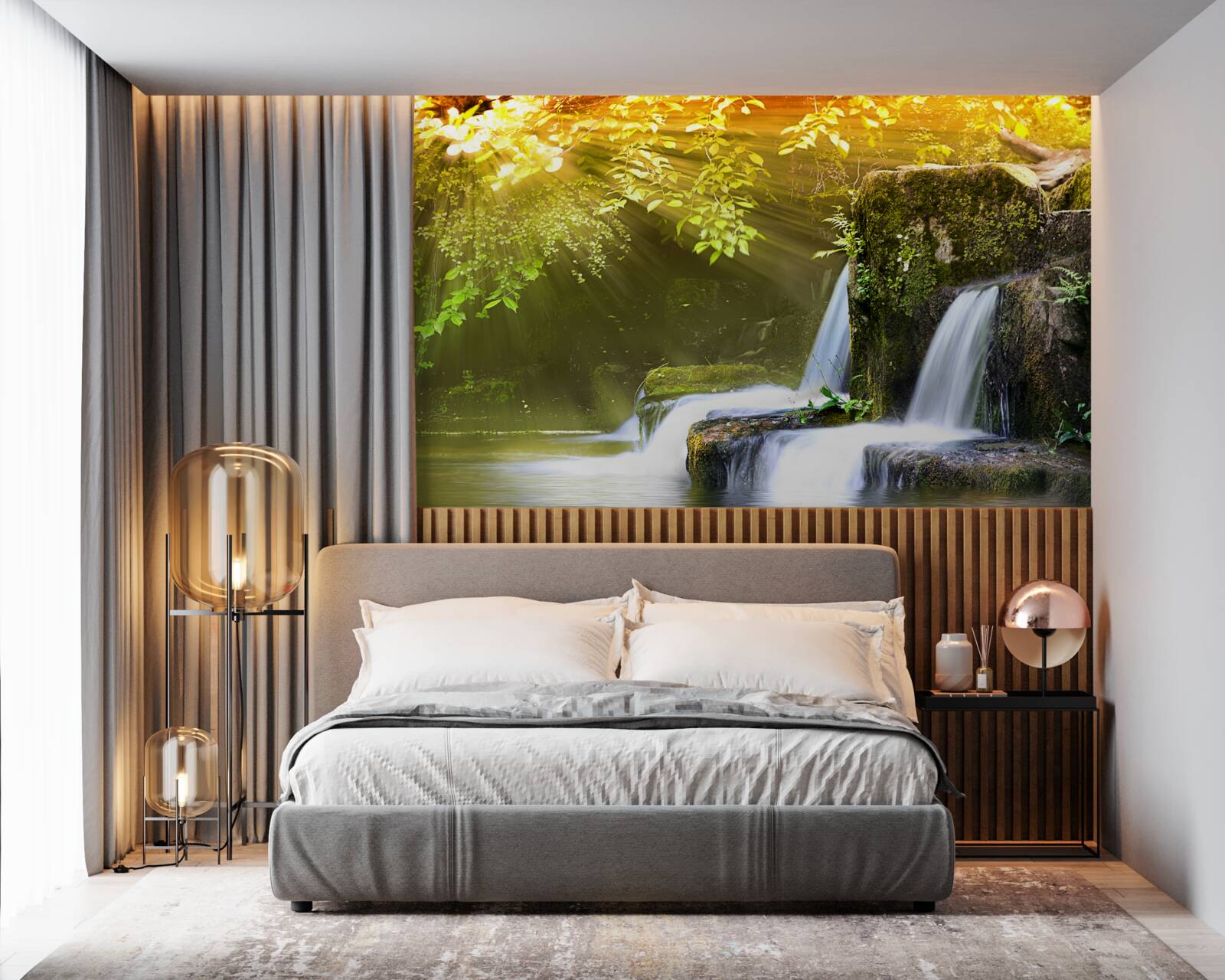 Фотошпалери водоспад, що падає в сонячних променях