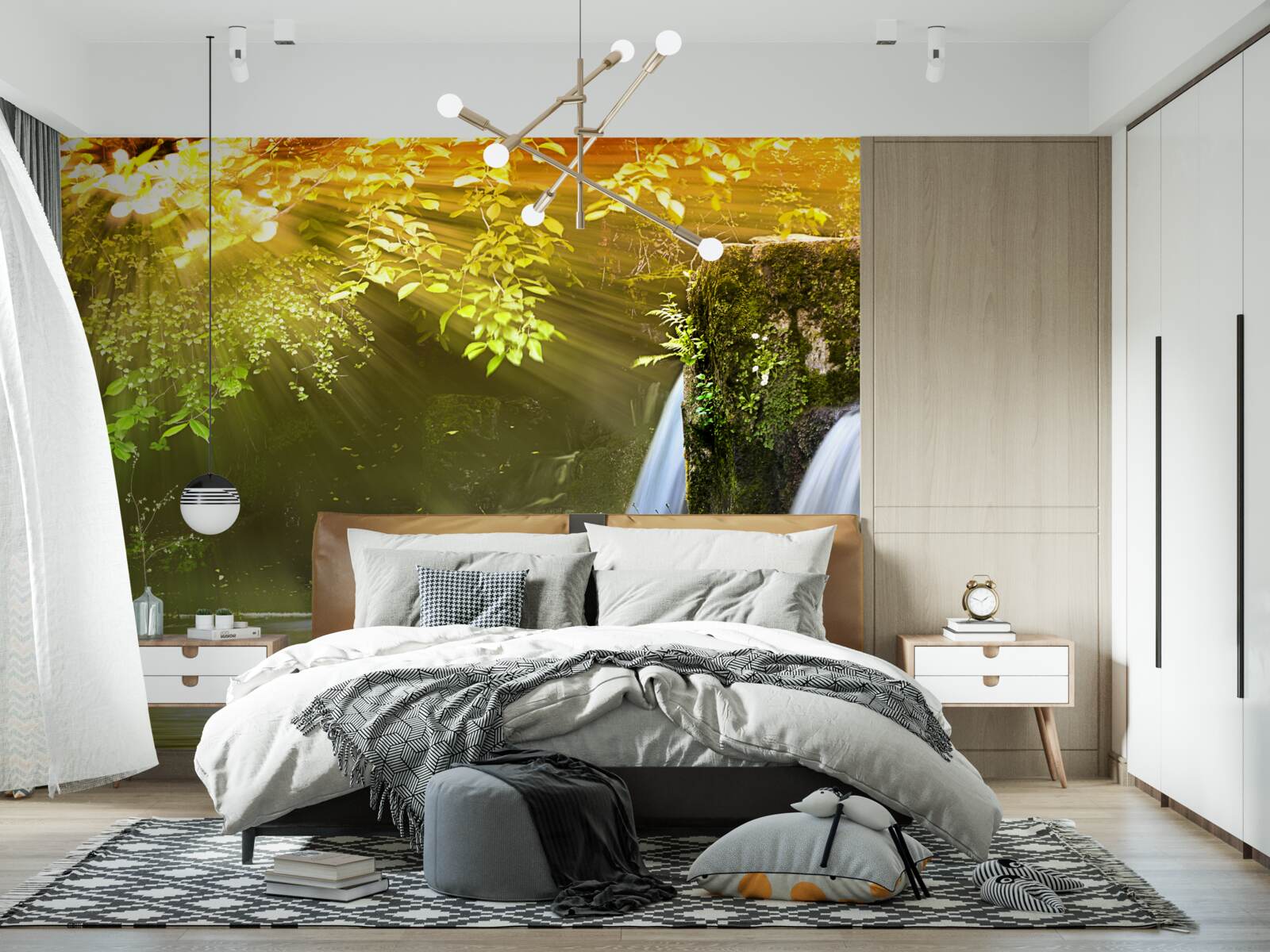 Фотошпалери водоспад, що падає в сонячних променях