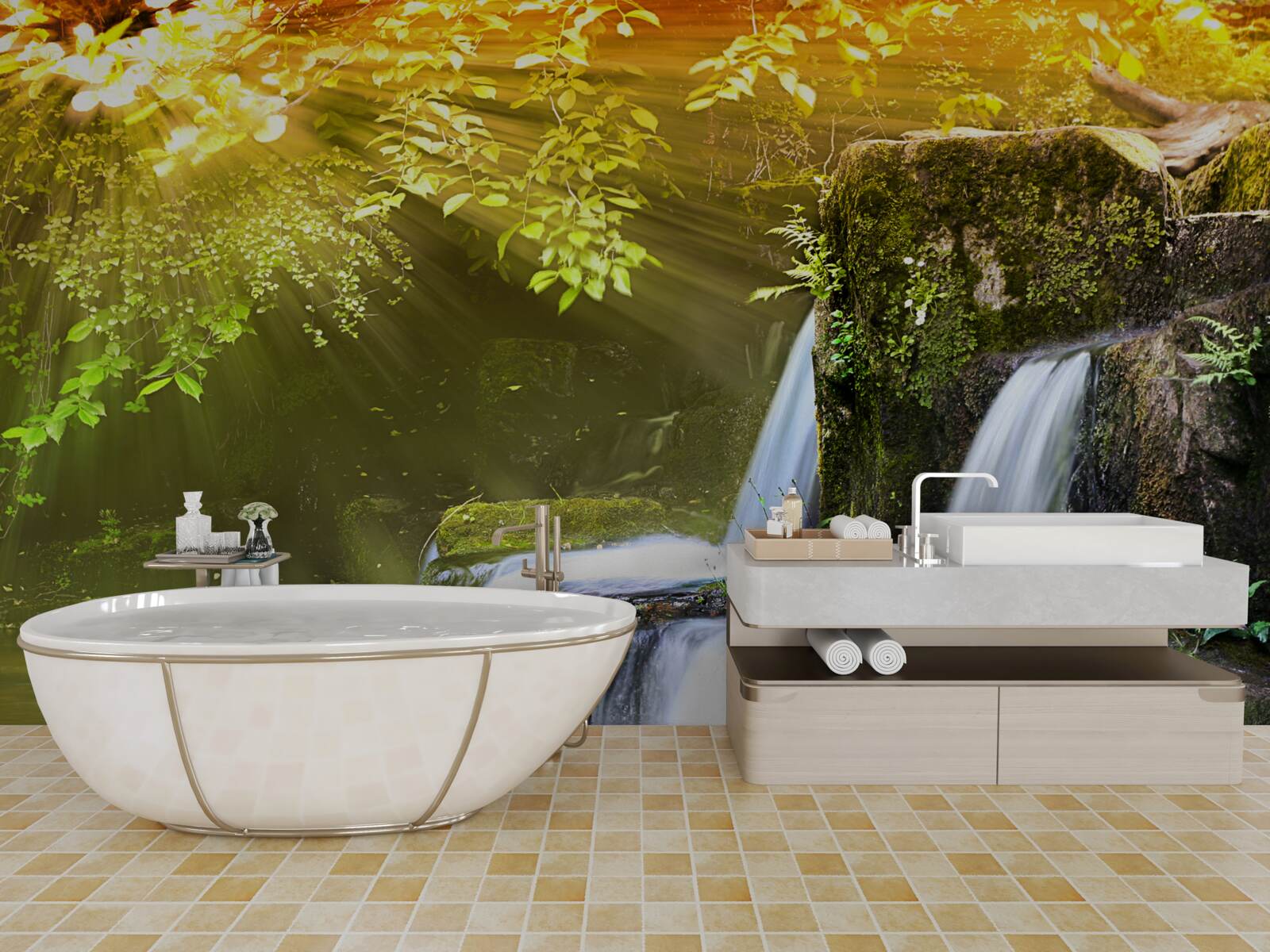 Фотошпалери водоспад, що падає в сонячних променях