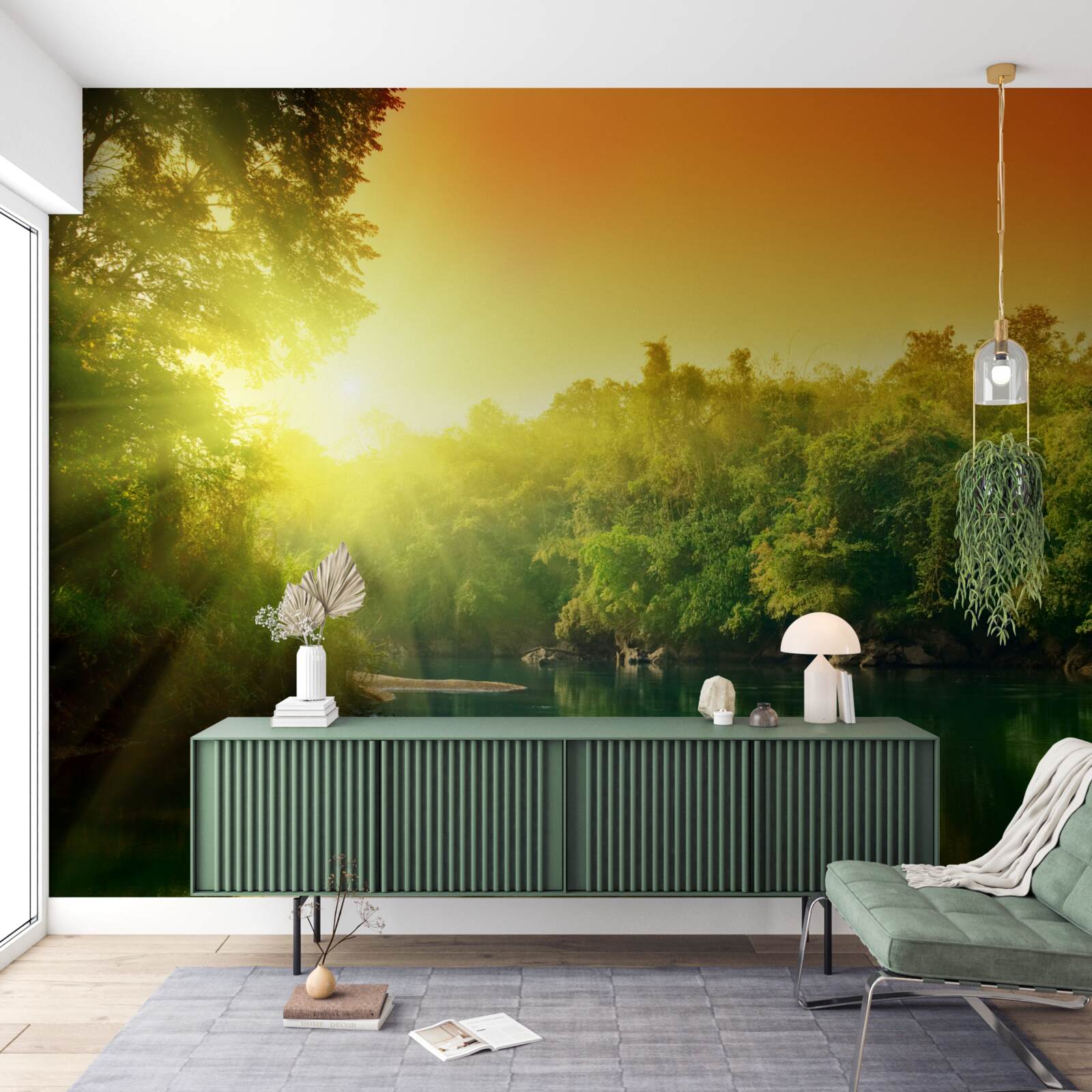 Фотошпалери яскравий світанок над спокійною поверхнею води