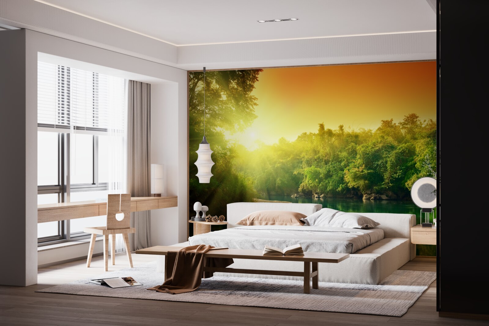 Фотошпалери яскравий світанок над спокійною поверхнею води