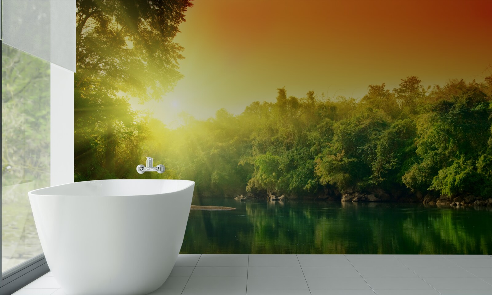 Фотошпалери яскравий світанок над спокійною поверхнею води