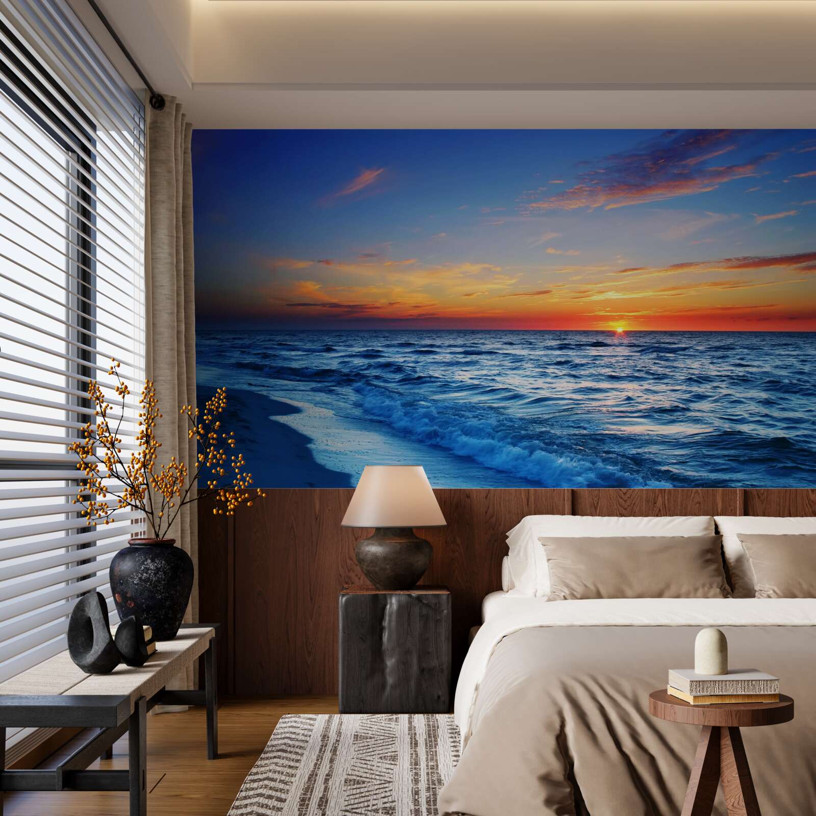 Фотошпалери призахідне сонце і пінисті хвилі