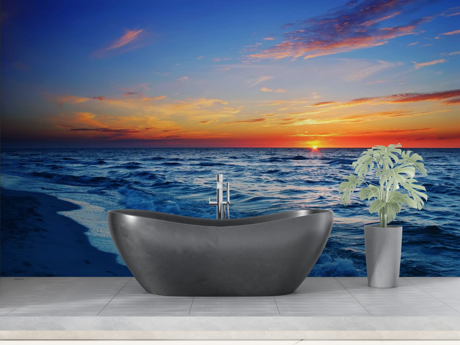 Фотошпалери призахідне сонце і пінисті хвилі