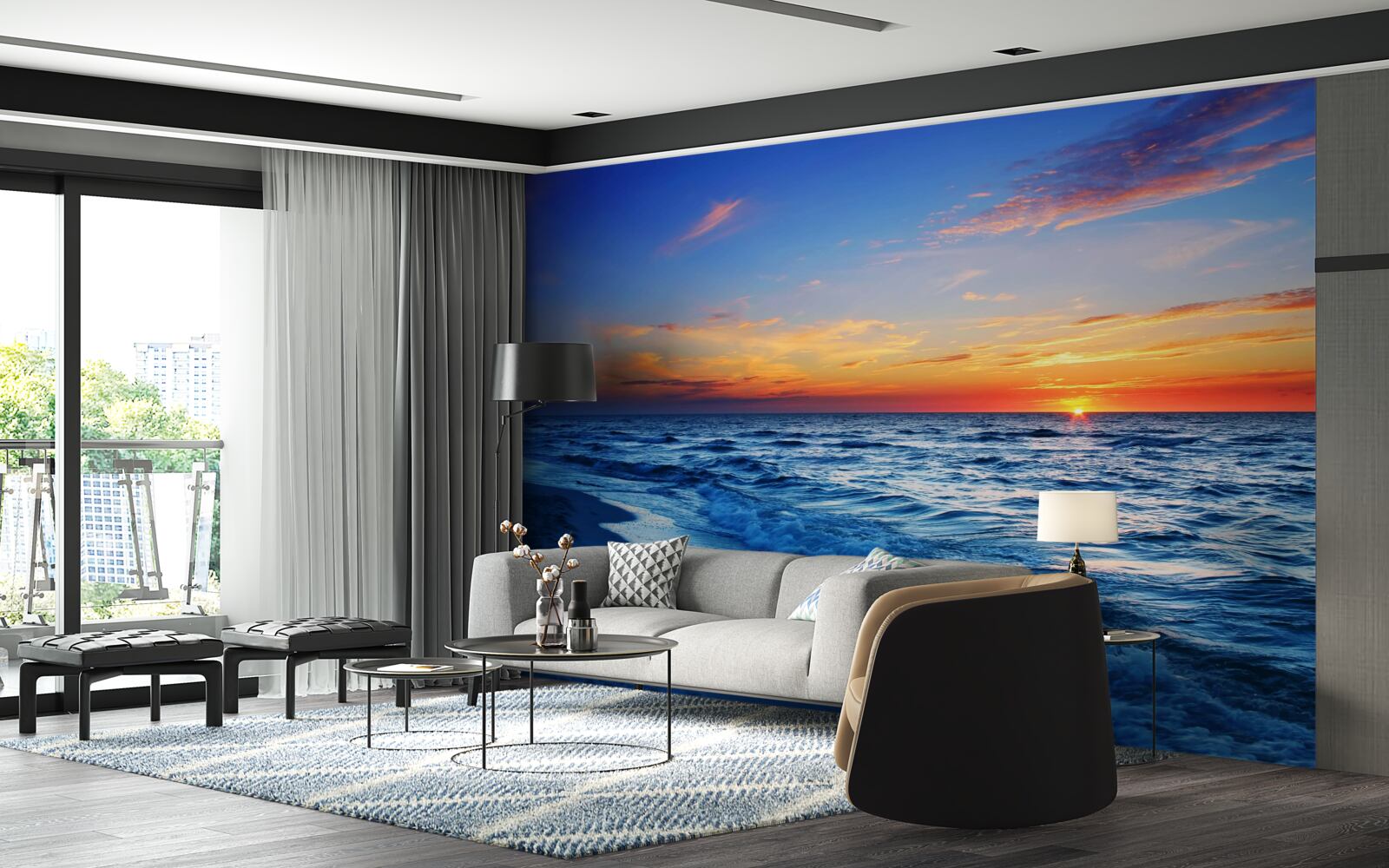 Фотошпалери призахідне сонце і пінисті хвилі