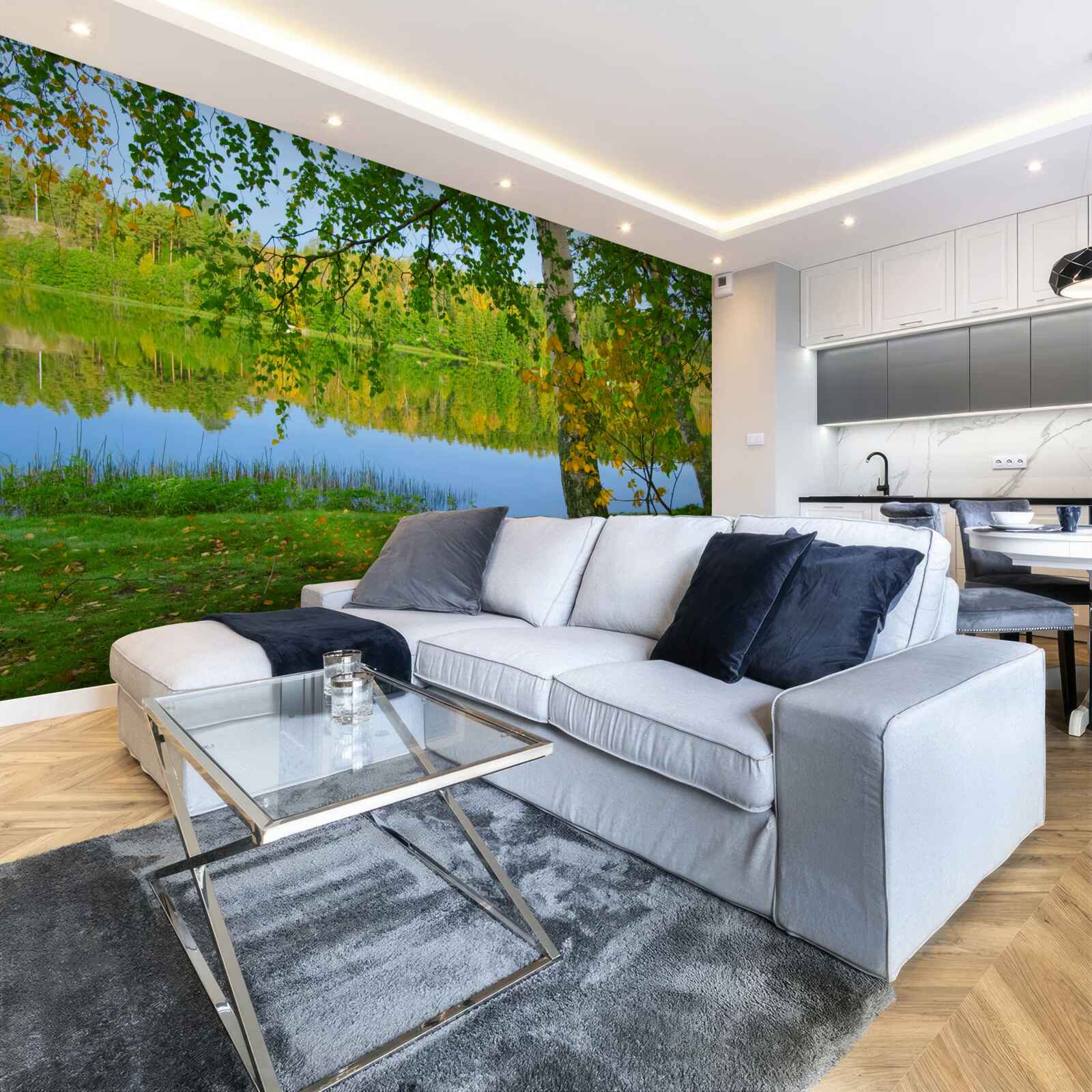 Фотошпалери відображення річки з густим літнім лісом