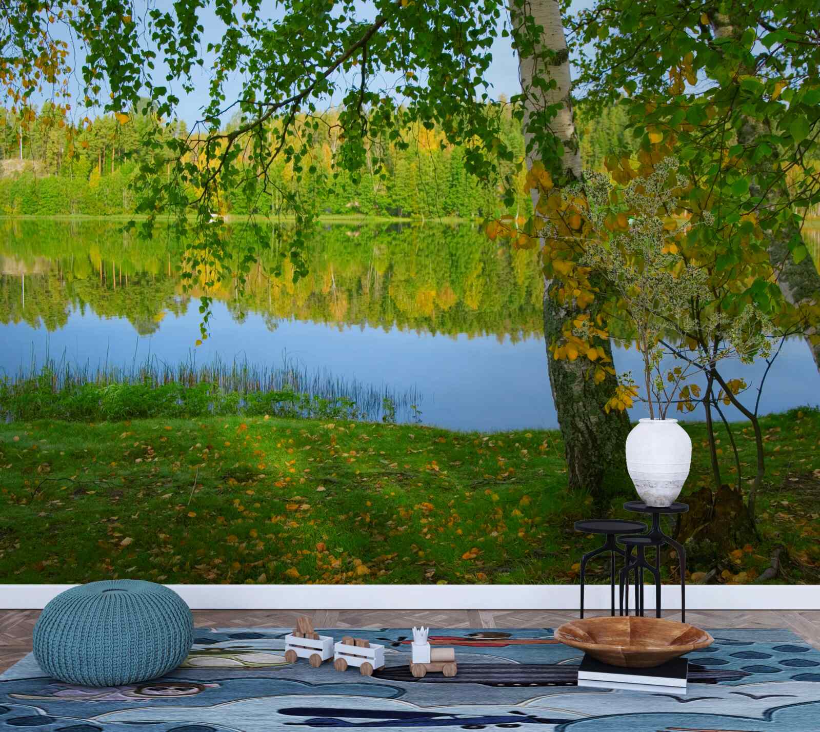 Фотошпалери відображення річки з густим літнім лісом