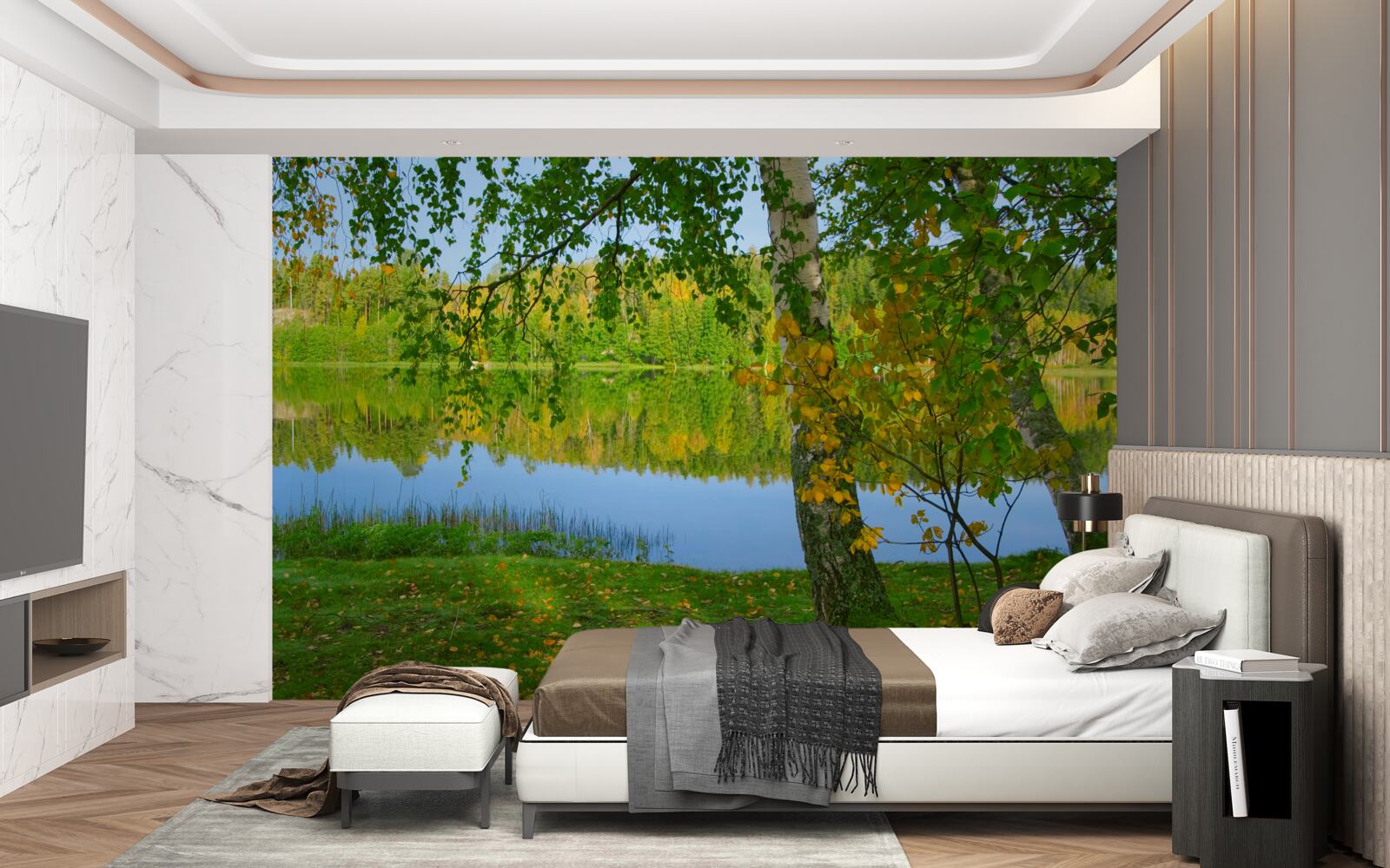 Фотошпалери відображення річки з густим літнім лісом