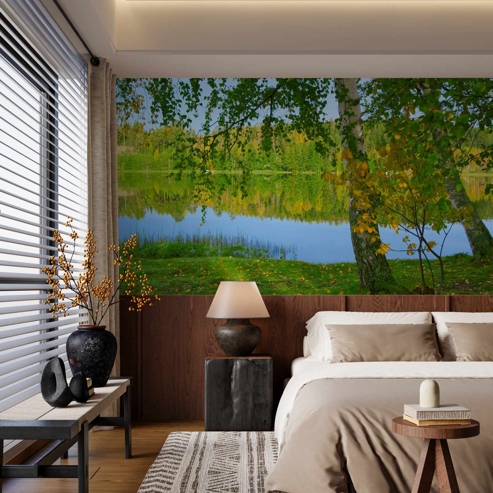 Фотошпалери відображення річки з густим літнім лісом