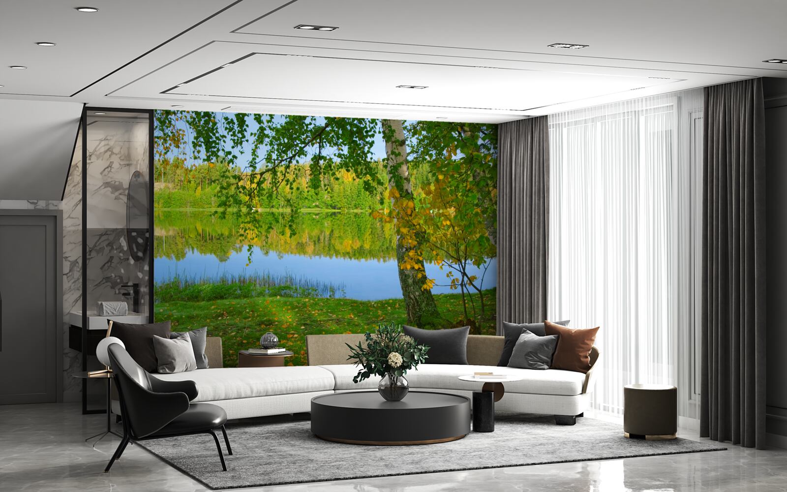 Фотошпалери відображення річки з густим літнім лісом