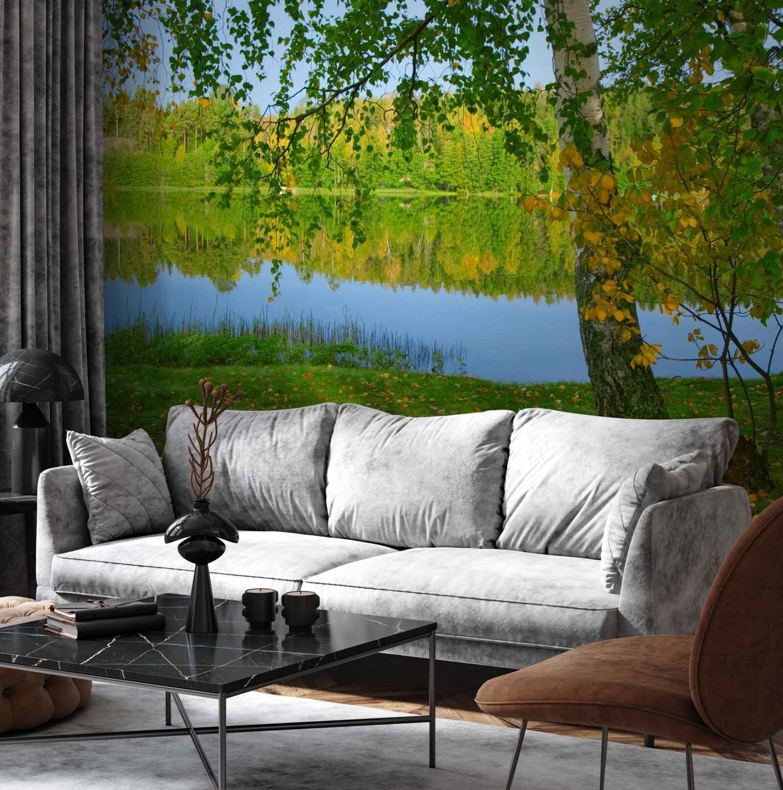 Фотошпалери відображення річки з густим літнім лісом