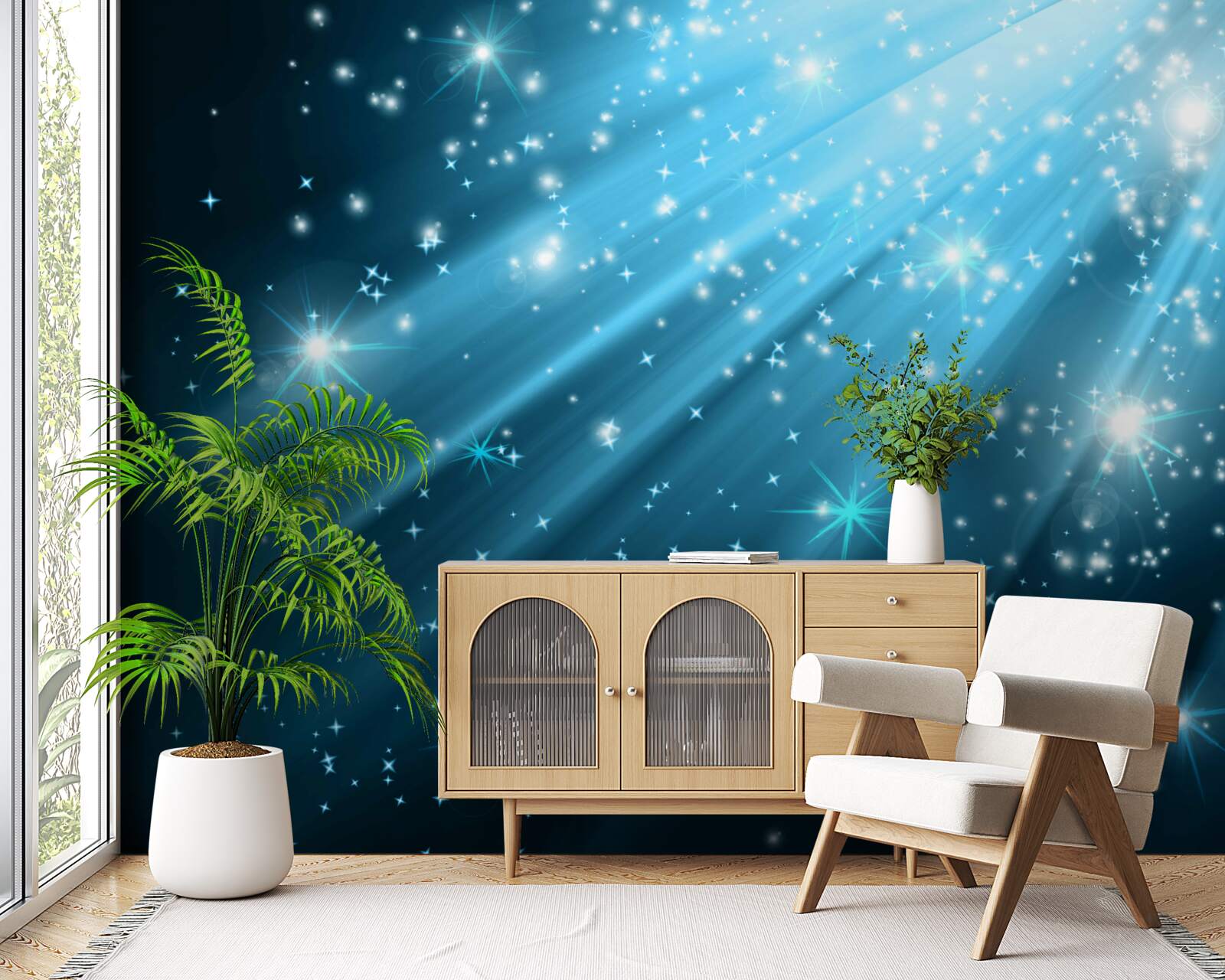 Фотошпалери Сяйво місячних променів на небі, всіяному зірками