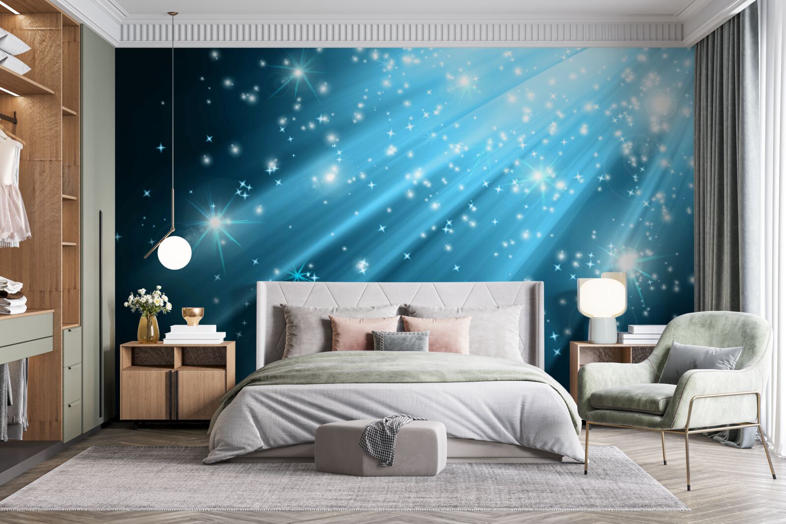 Фотошпалери Сяйво місячних променів на небі, всіяному зірками