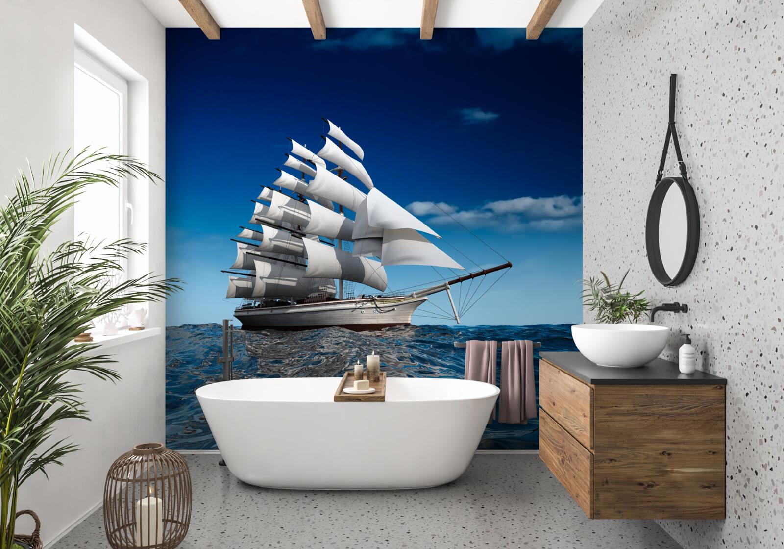 Фотошпалери корабель з вітрилом на спокійній воді