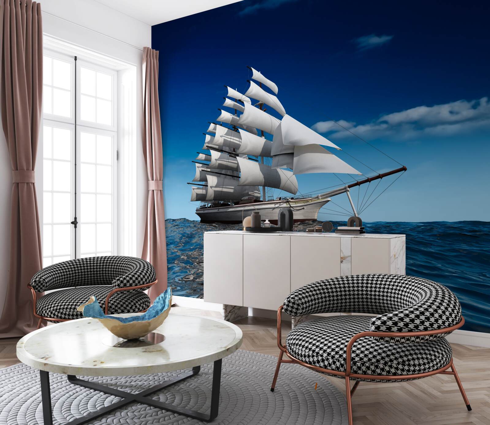 Фотошпалери корабель з вітрилом на спокійній воді