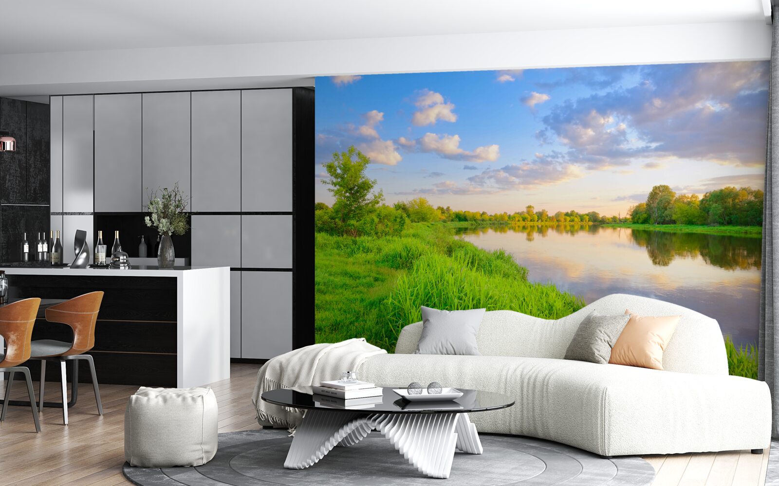 Фотошпалери спокійна річка поруч із зеленим лугом