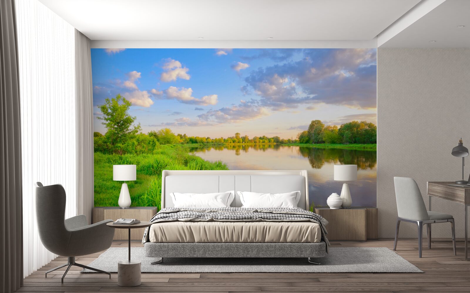 Фотошпалери спокійна річка поруч із зеленим лугом