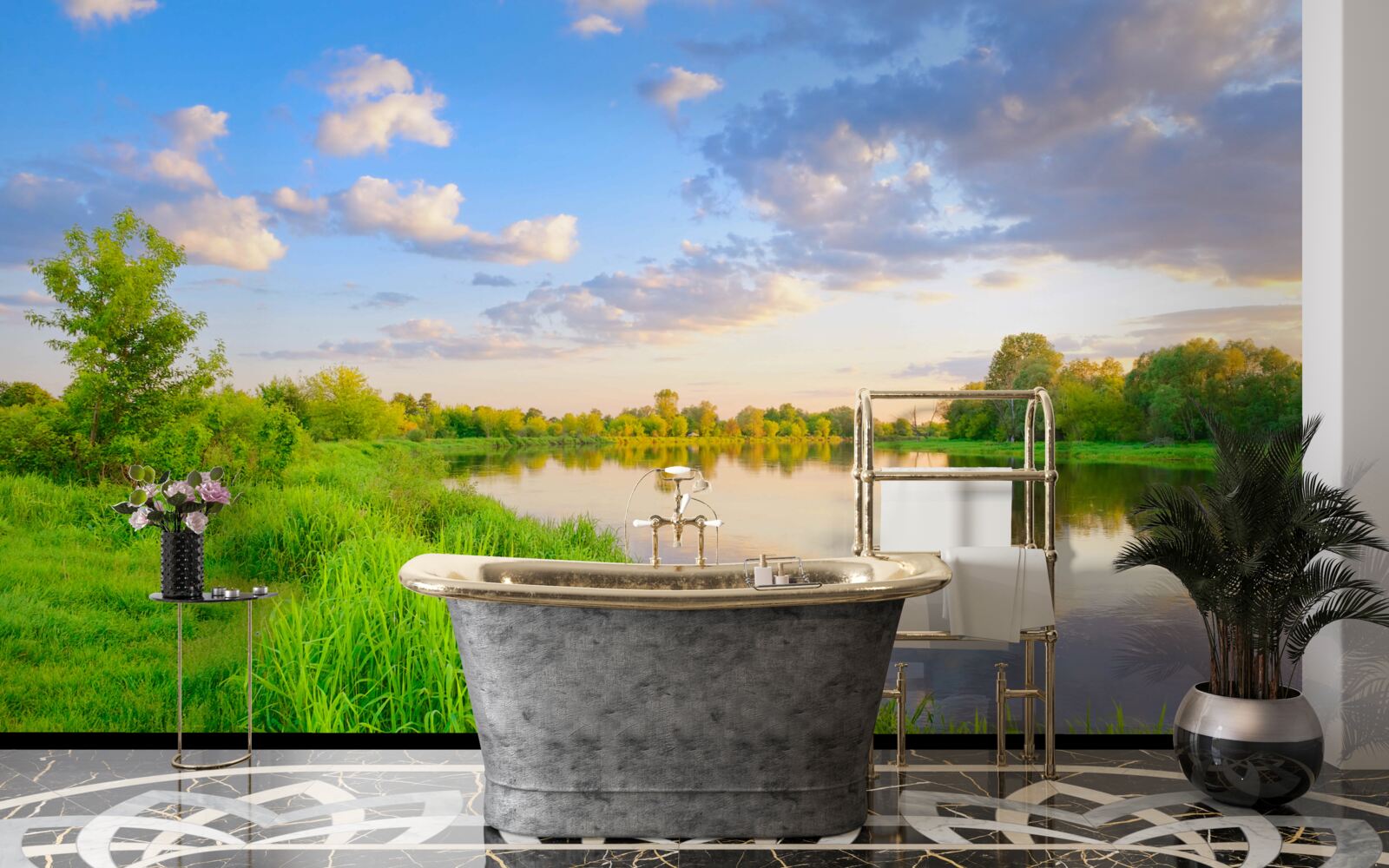 Фотошпалери спокійна річка поруч із зеленим лугом