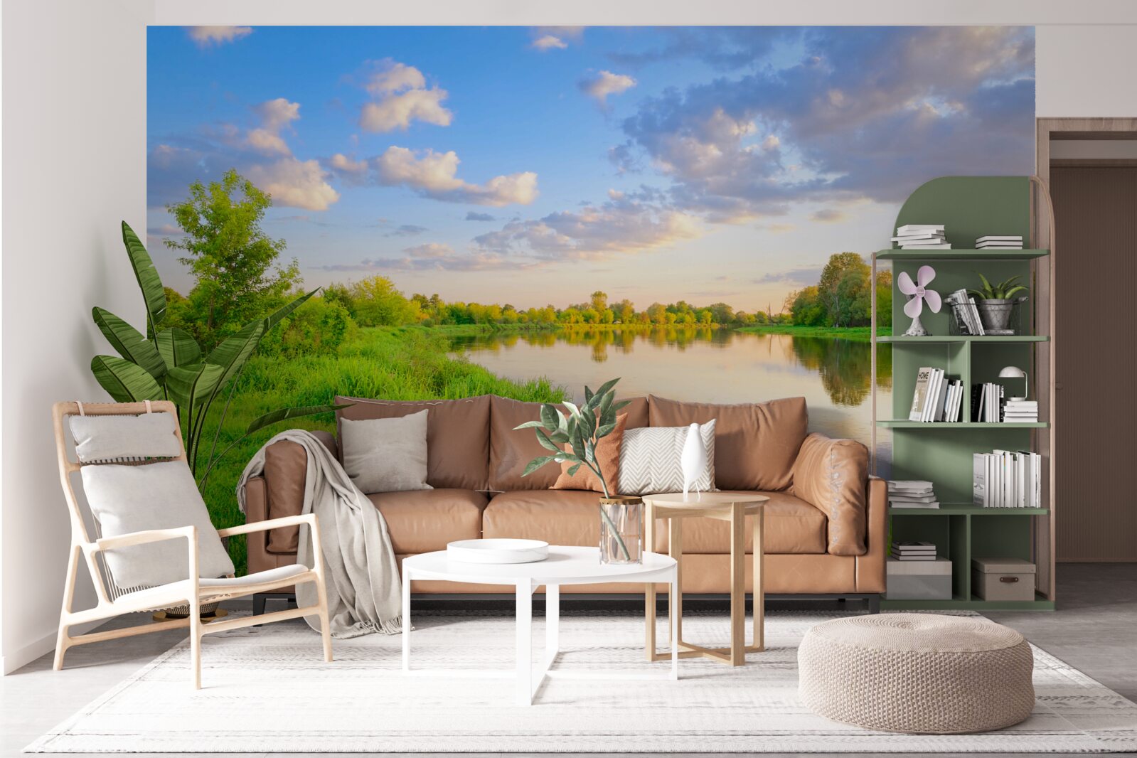 Фотошпалери спокійна річка поруч із зеленим лугом