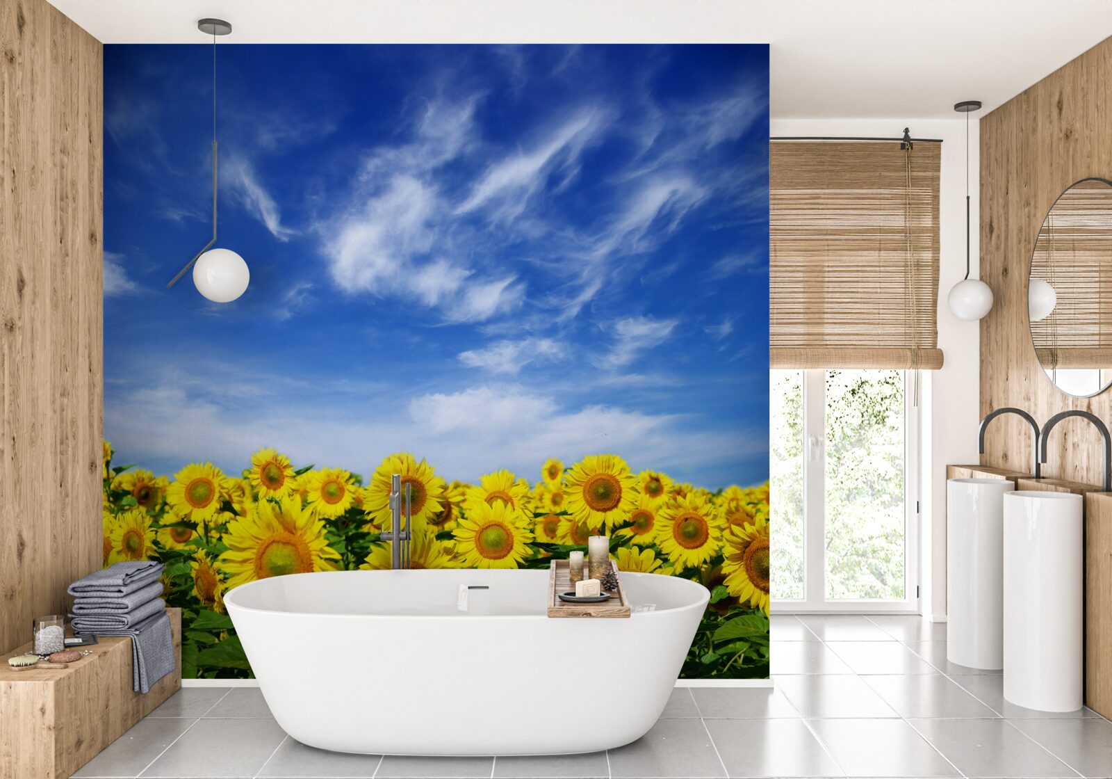 Фотошпалери соняшники чітко виділяються на тлі блакитного неба