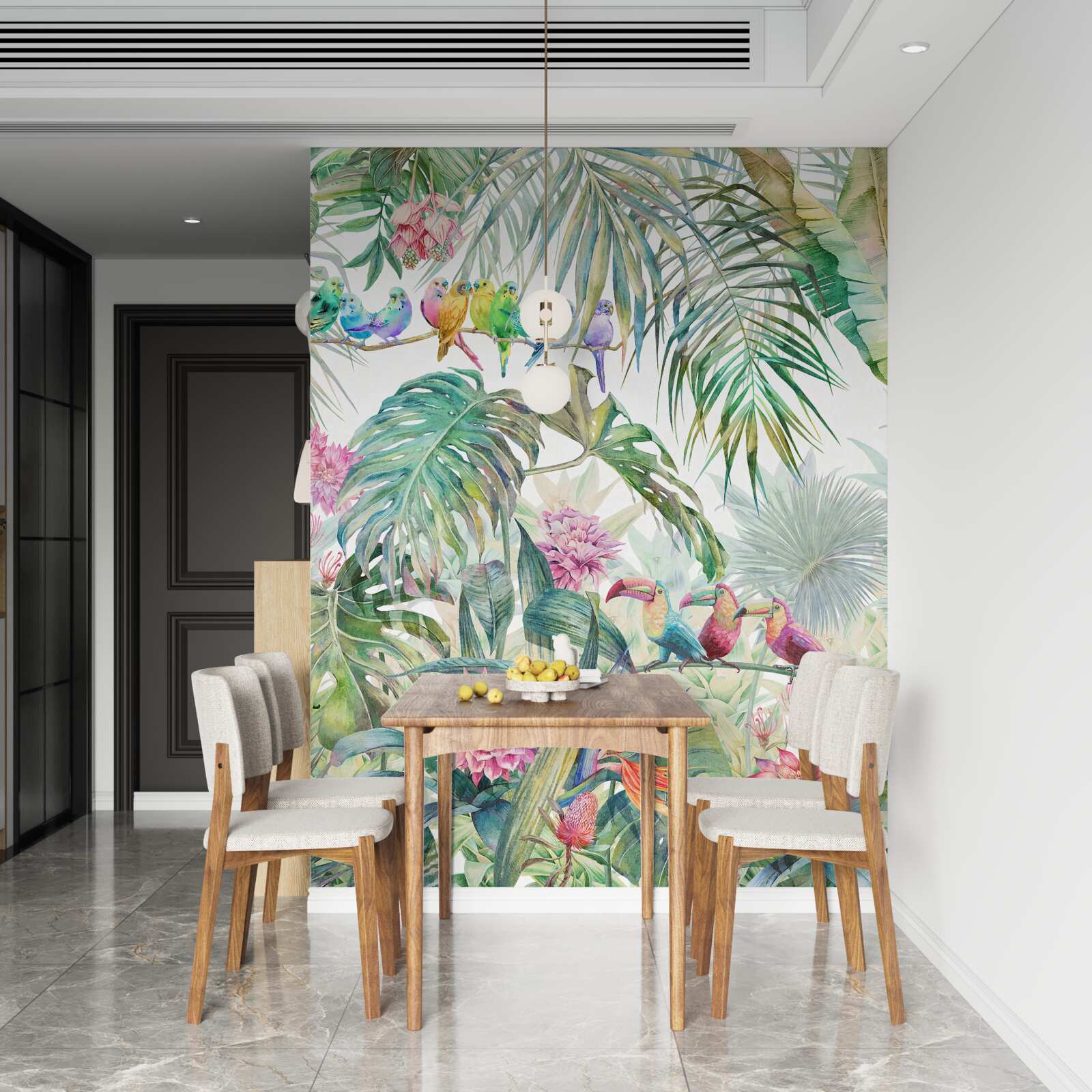 Фотошпалери екзотичні рослини та барвисті птахи