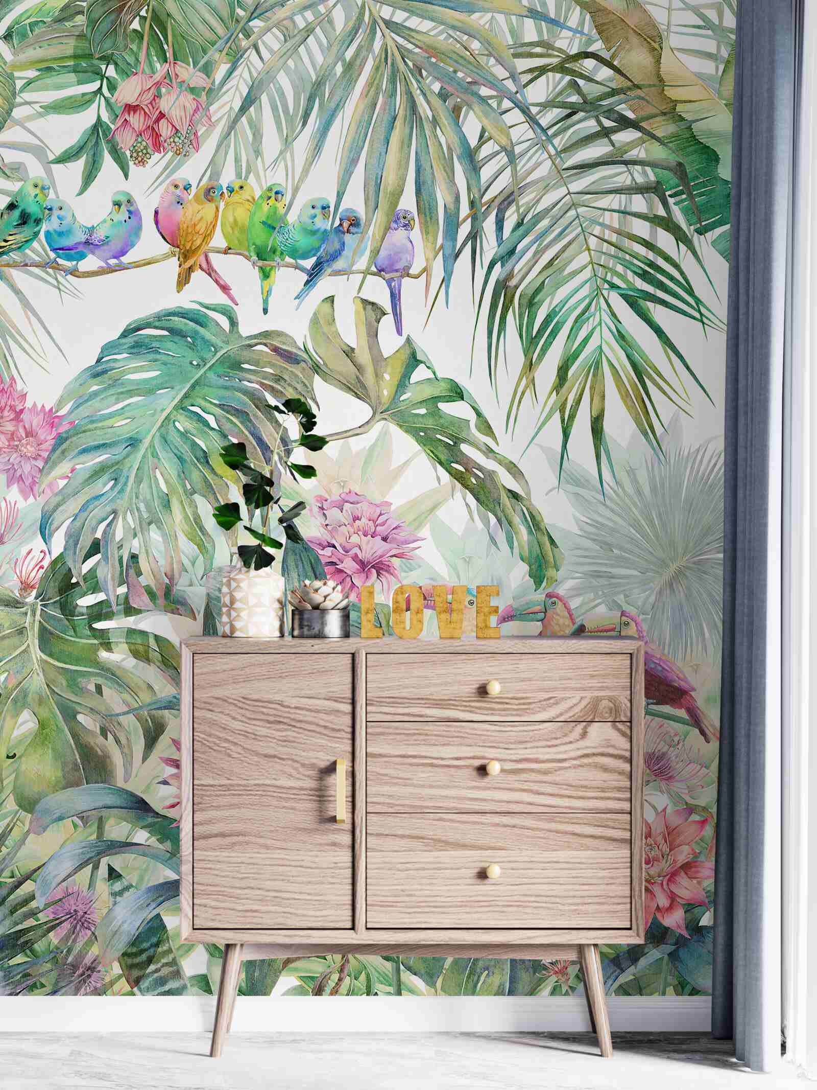 Фотошпалери екзотичні рослини та барвисті птахи