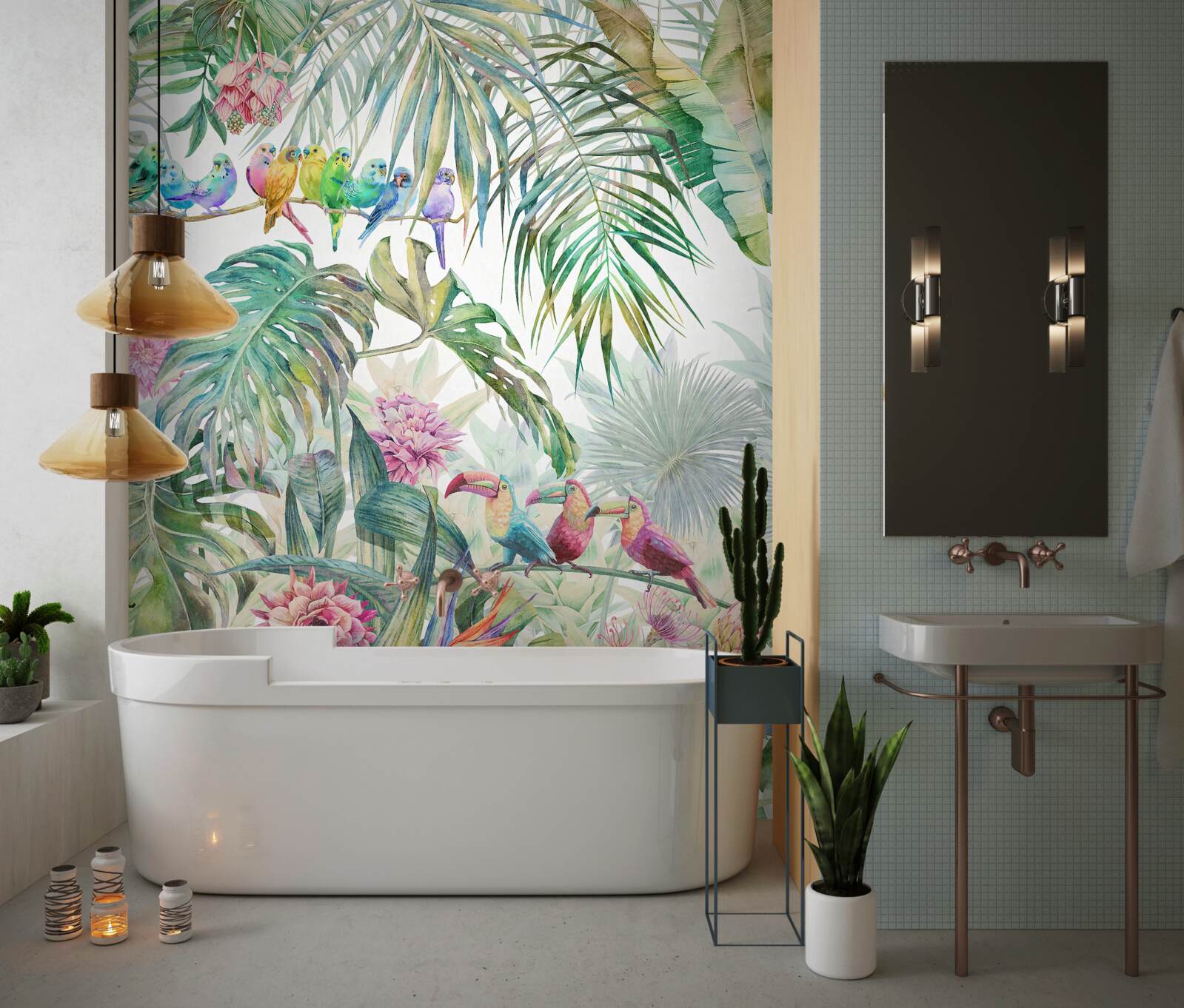 Фотошпалери екзотичні рослини та барвисті птахи