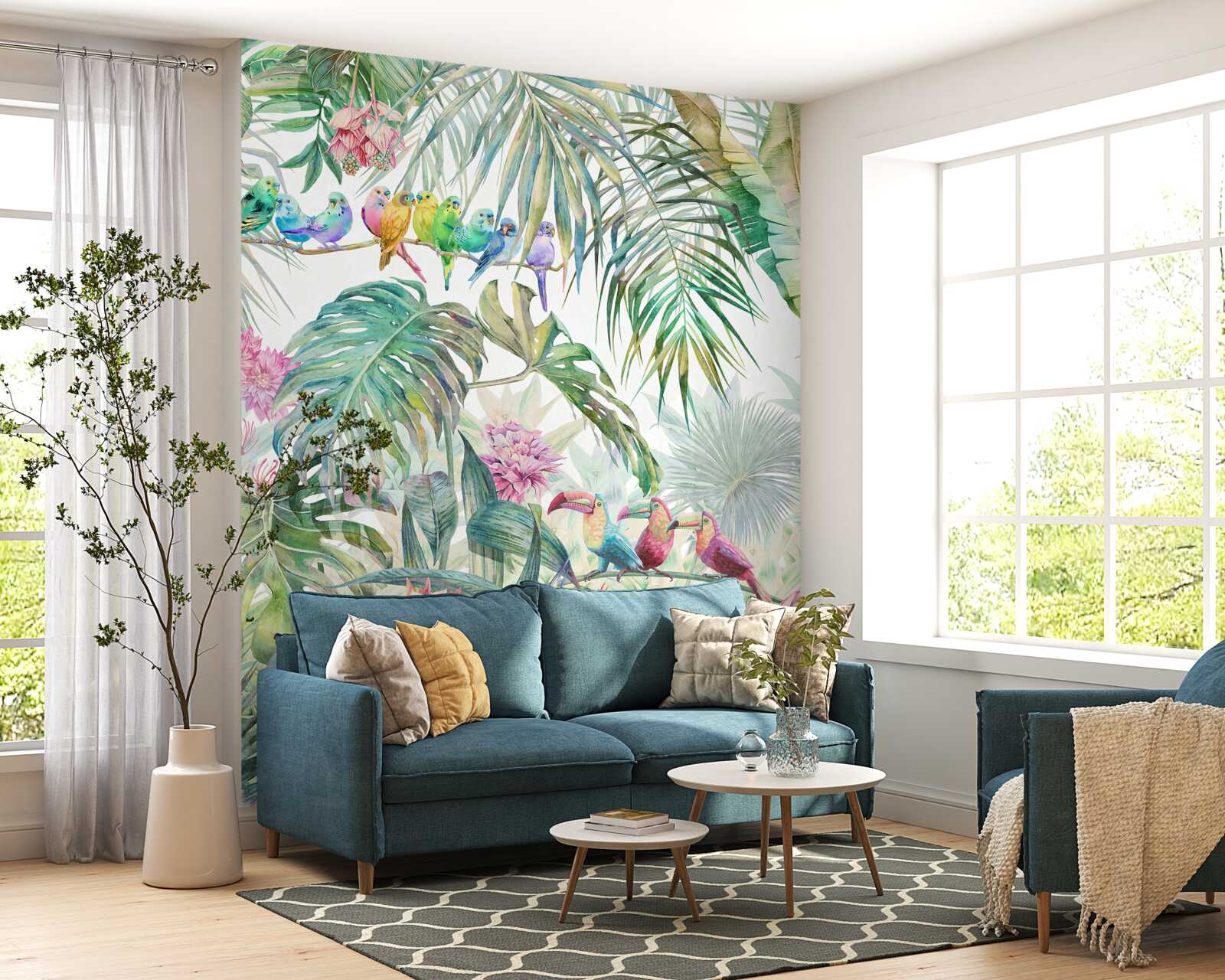 Фотошпалери екзотичні рослини та барвисті птахи