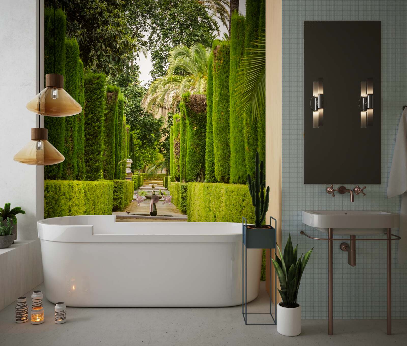 Фотошпалери стежка між доглянутими кипарисами